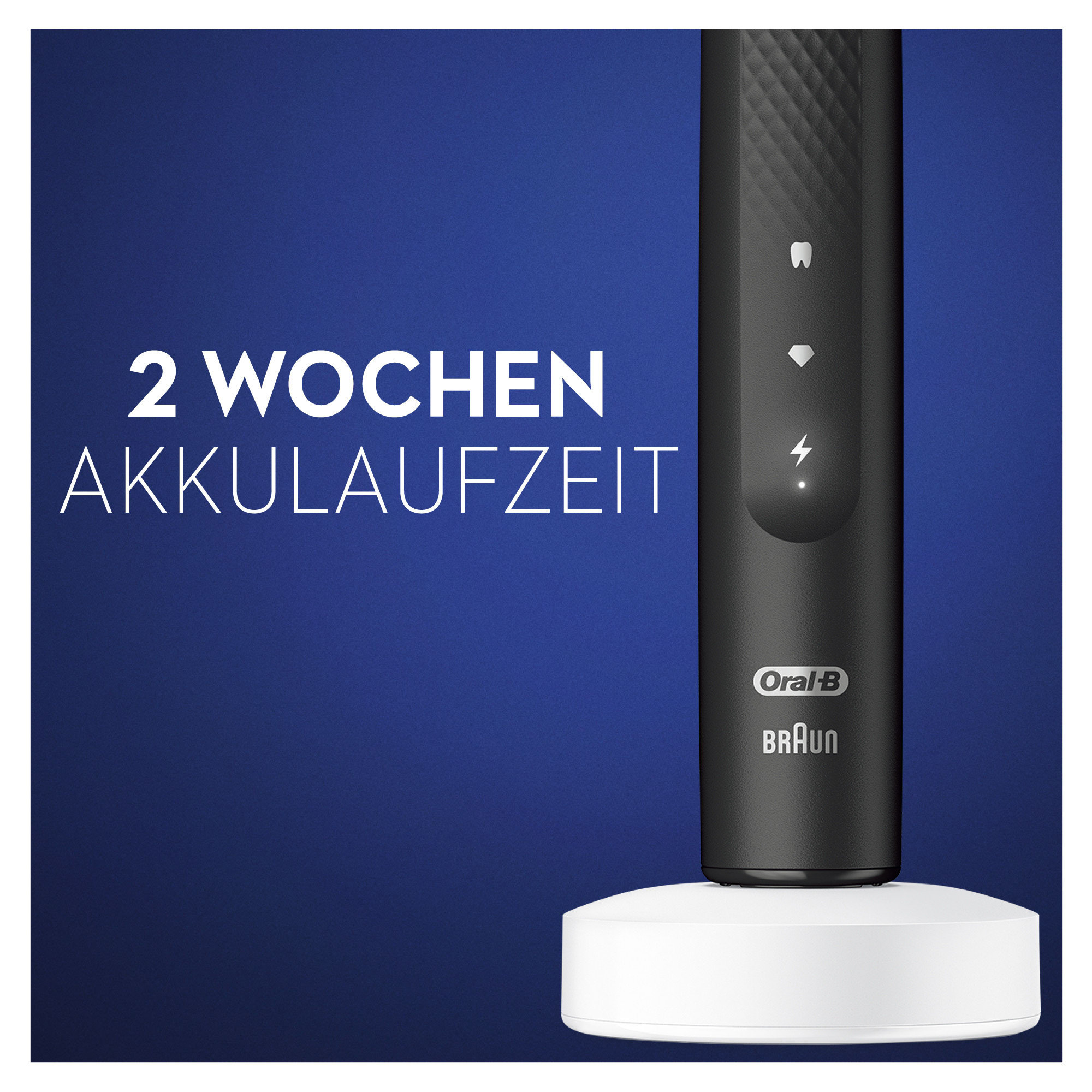 Schwarze Oral-B Zahnbürste mit weißer Basis. Text: '2 Wochen Akkulaufzeit'. Blauer Hintergrund.