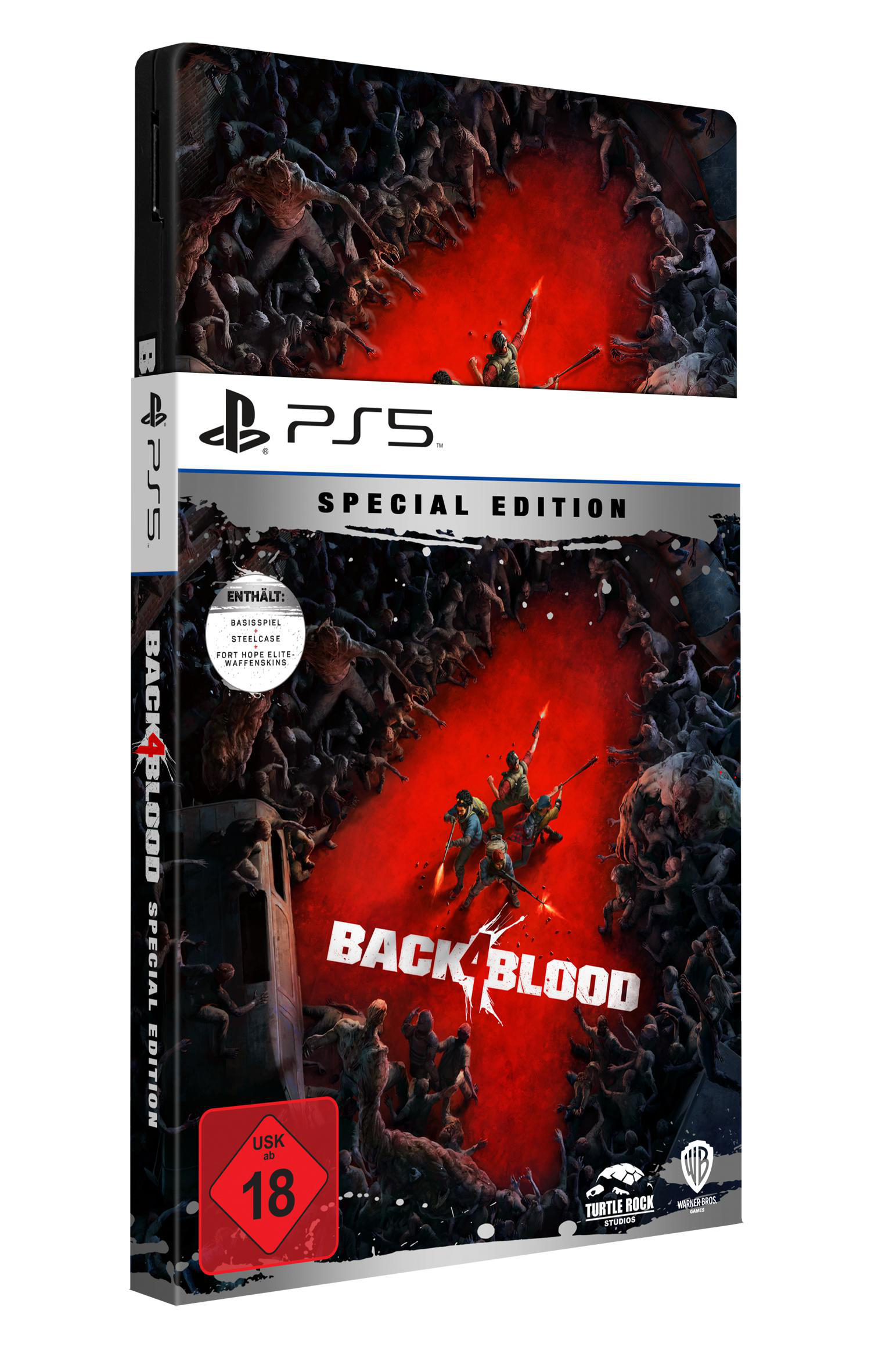 Back 4 Blood Spielhülle. Zeigt Zombies und Charaktere, PS5-Logo oben.
