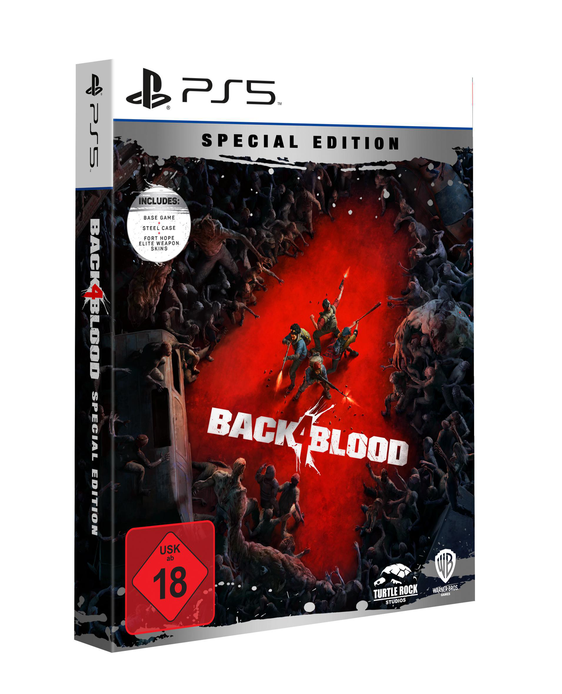 Eine PS5-Spielbox für 'Back 4 Blood: Special Edition'. Das Cover zeigt Charaktere mit Waffen auf rotem Grund.