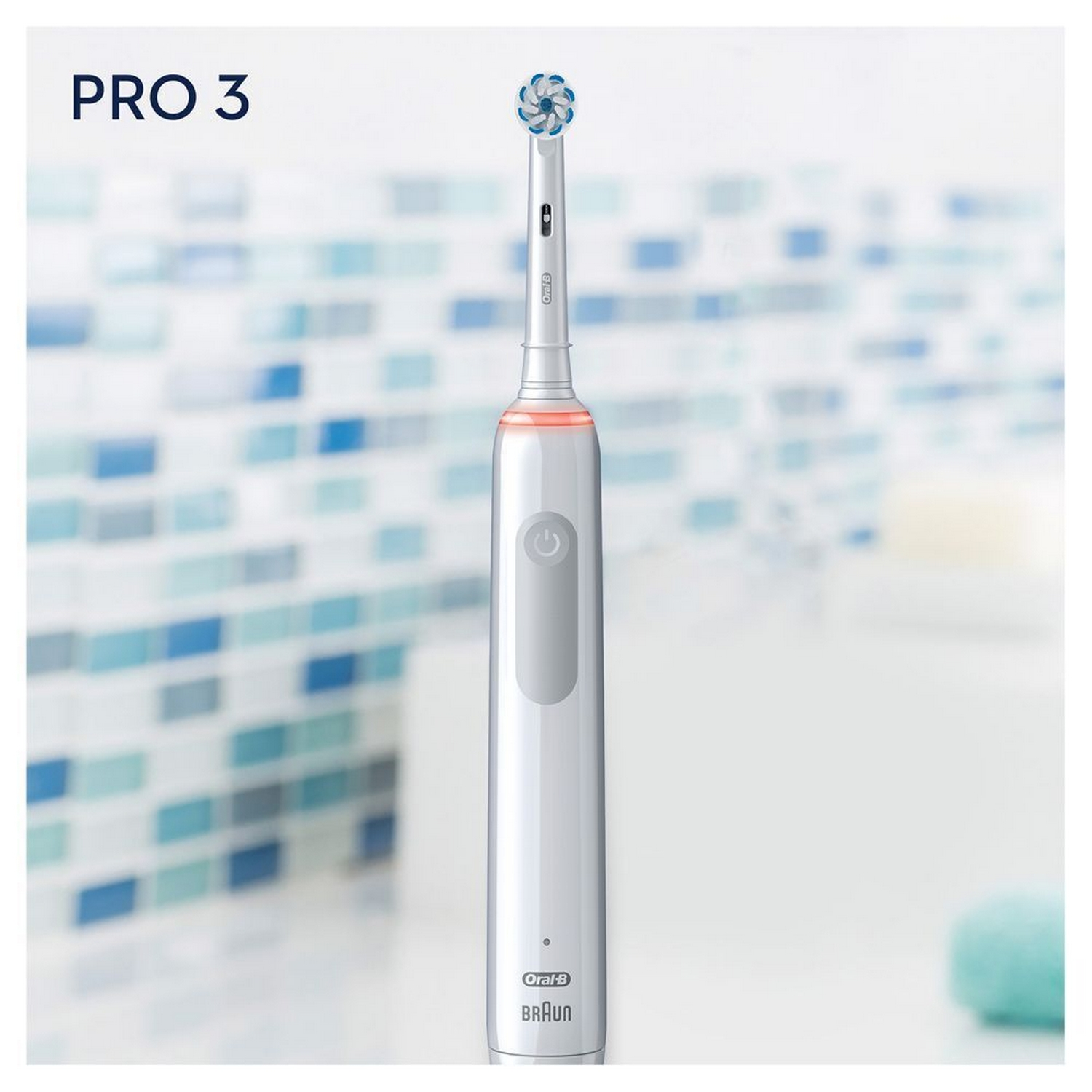 Un cepillo de dientes eléctrico con mango blanco, cabezal azul y luz detrás.