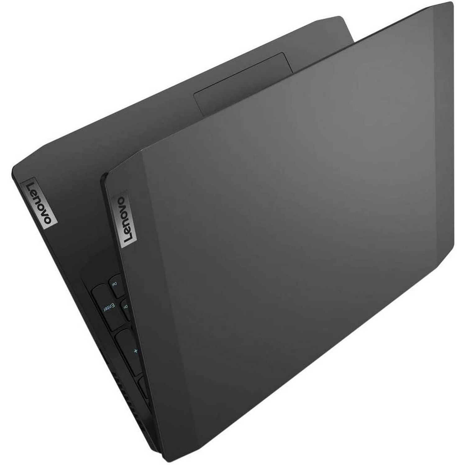 Dos portátiles Lenovo negros apilados uno encima del otro en ángulo.
