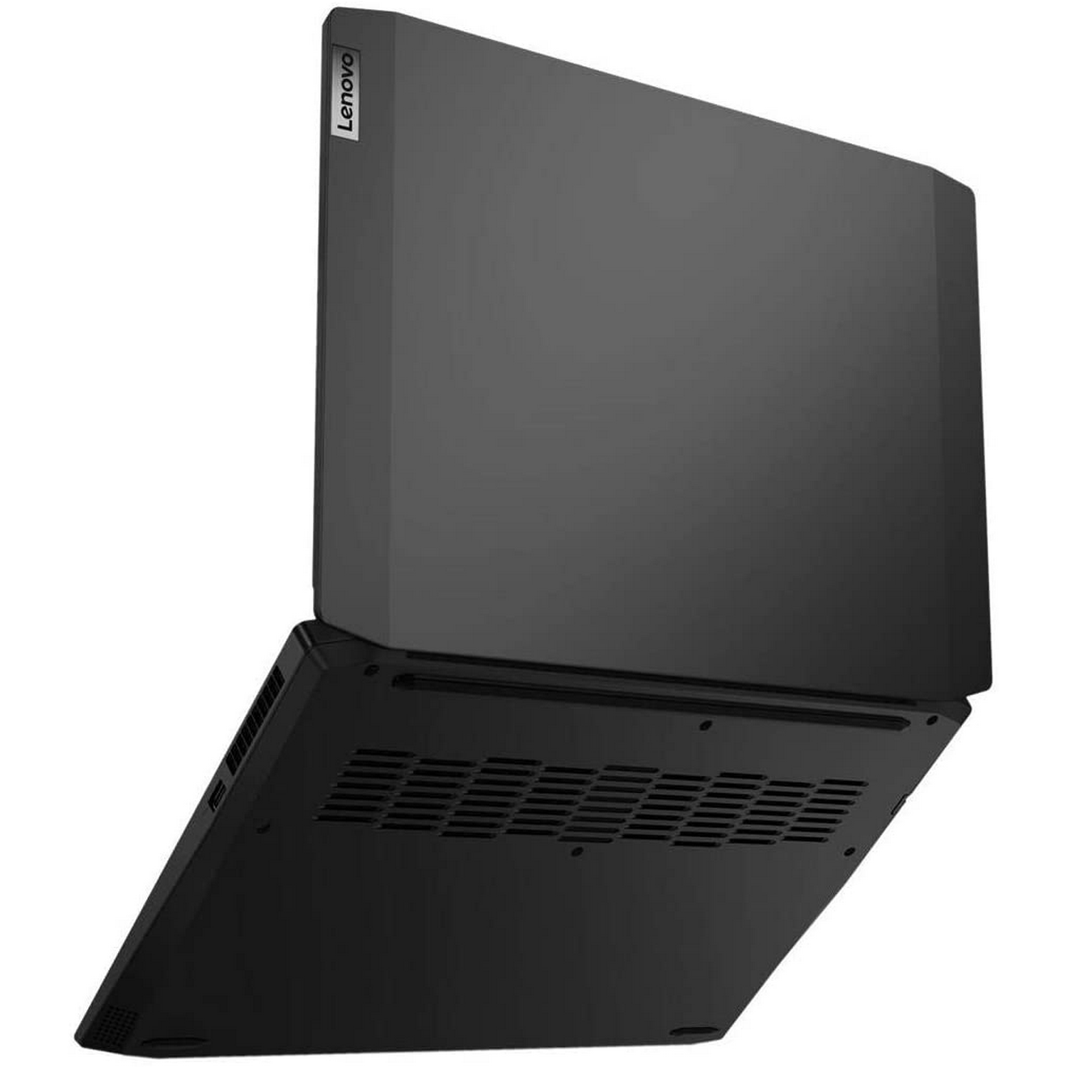 Portátil Lenovo, negro. Está cerrado e inclinado. El logotipo de Lenovo es visible.