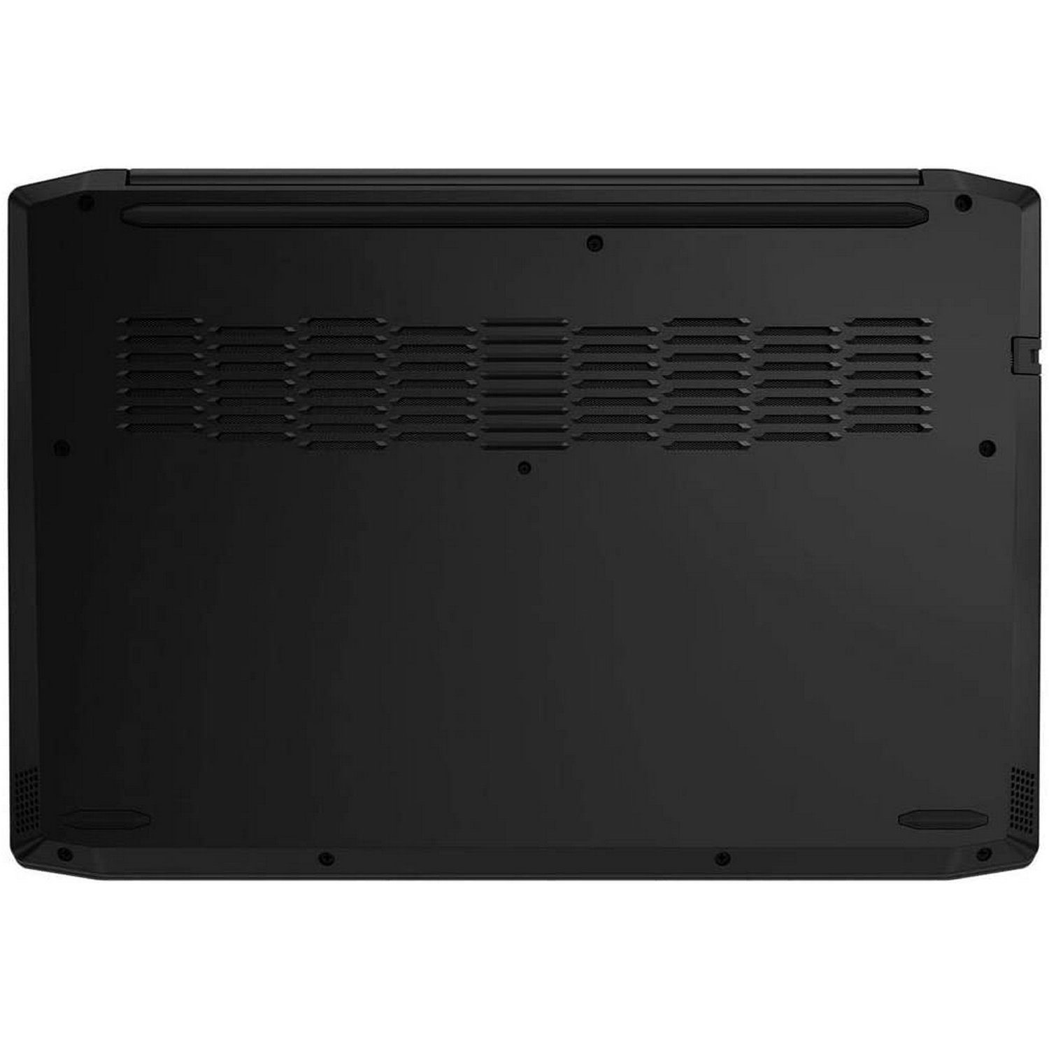 La parte inferior de una laptop negra. Se ven las rejillas de ventilación.