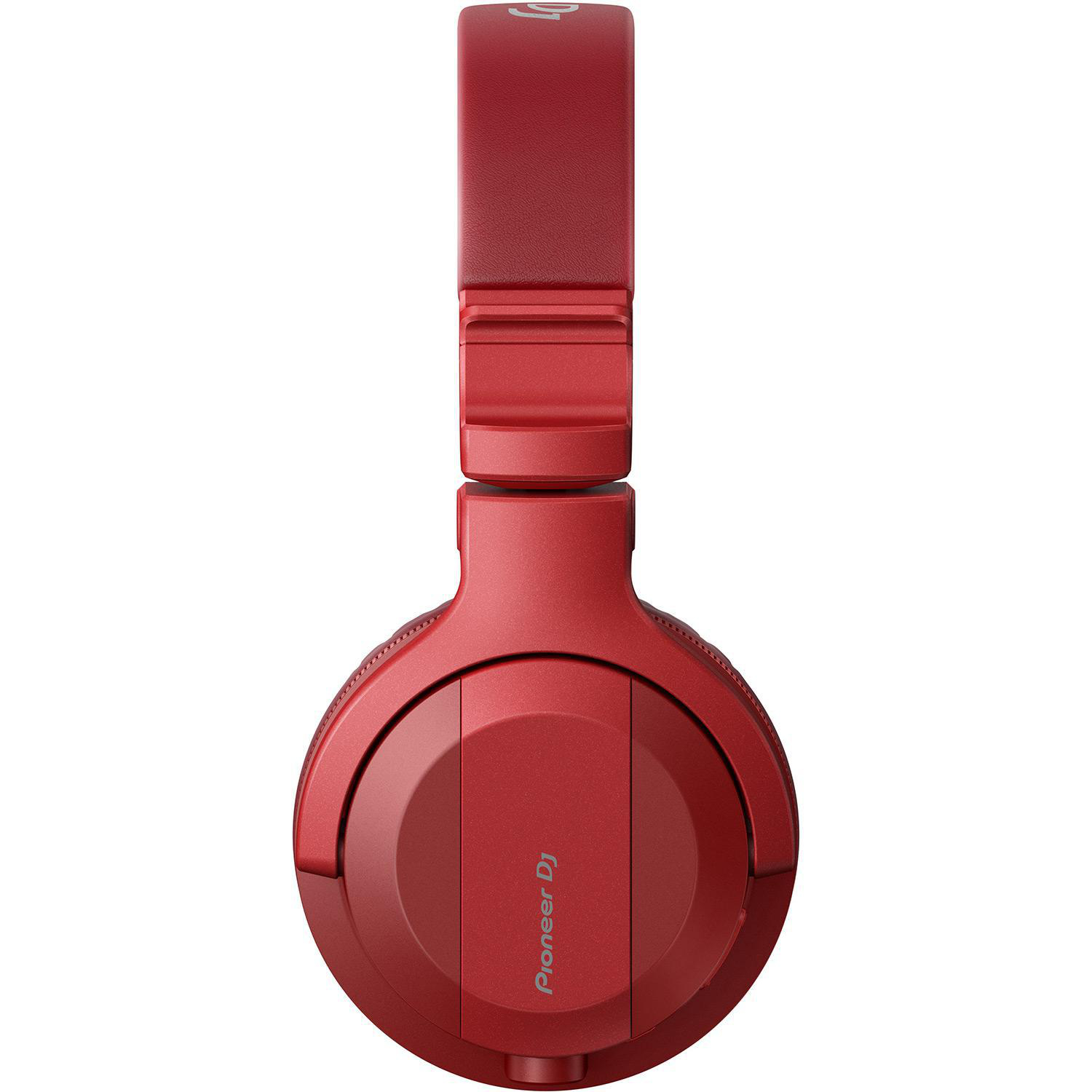 Roter Pioneer DJ-Kopfhörer, von vorne betrachtet. Kopfbügel und Ohrmuscheln sind sichtbar. Pioneer DJ-Logo unten.