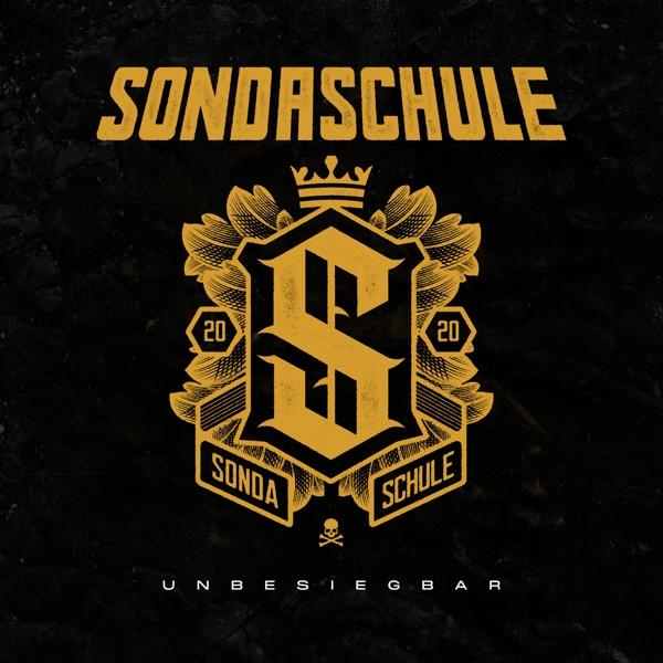 Schwarz-gelbes Logo. Wort 'SONDASCHULE' über einem Wappen mit Krone gebogen.