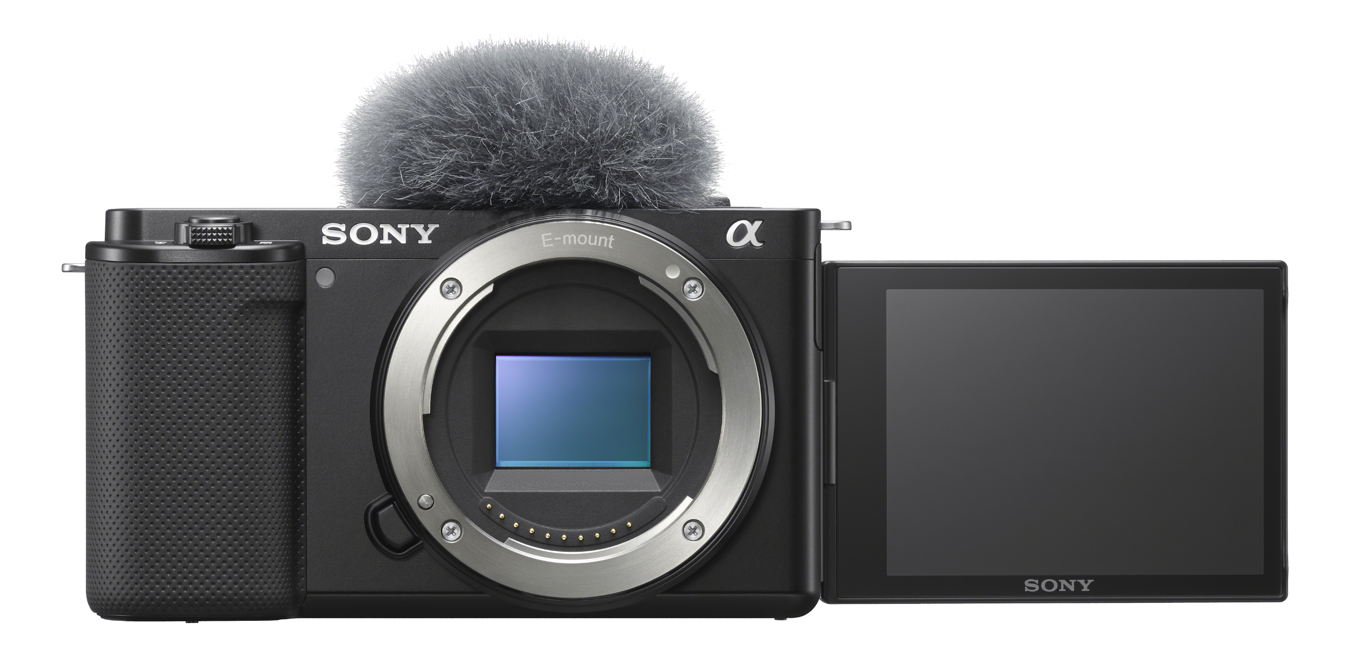 Eine schwarze Sony-Kamera mit Mikrofon. Der Bildschirm ist geöffnet. Das Objektiv ist freigelegt.