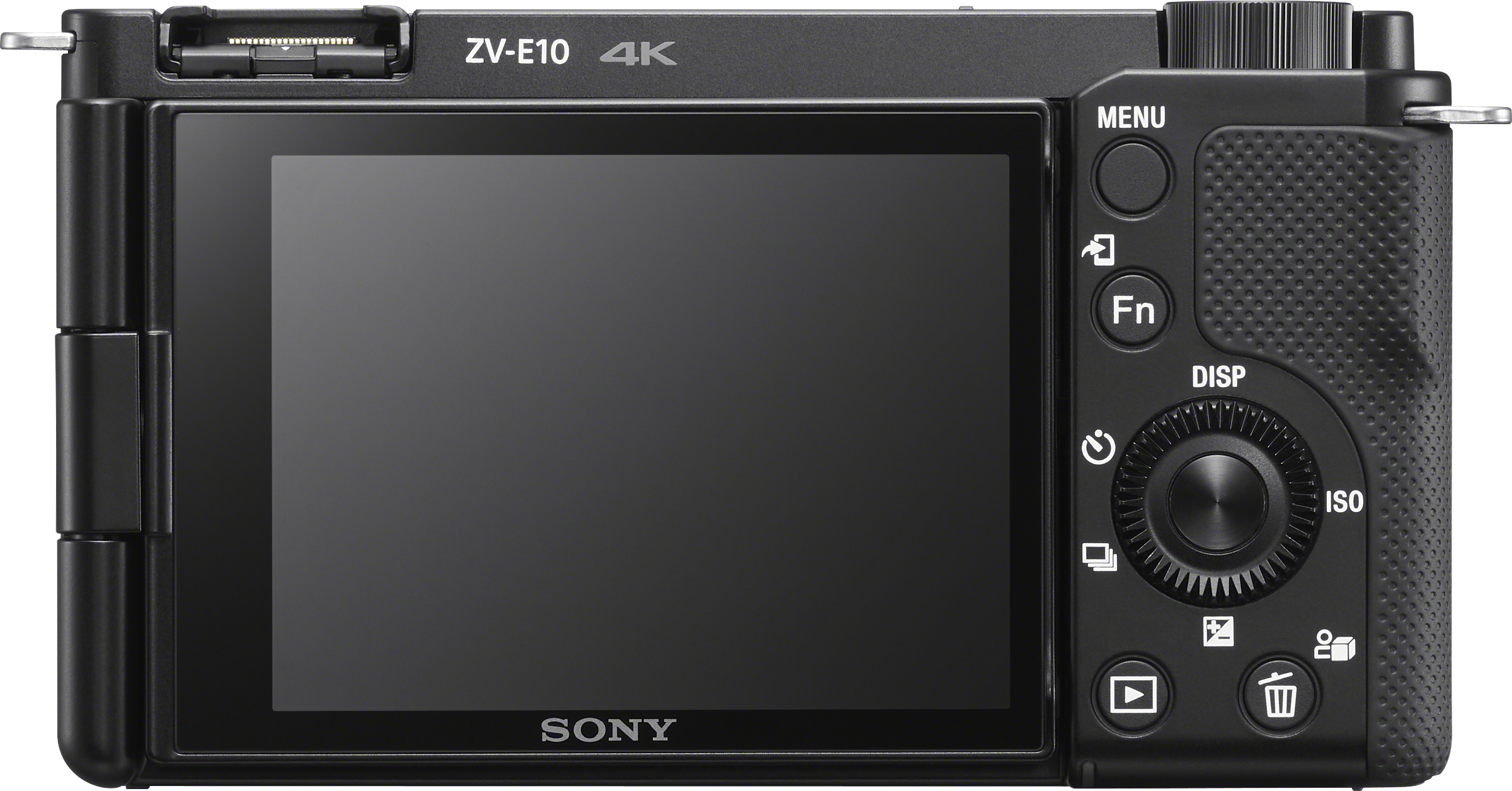 Fotocamera Sony ZV-E10 nera, vista posteriore, schermo acceso, con pulsanti e rotella di controllo.