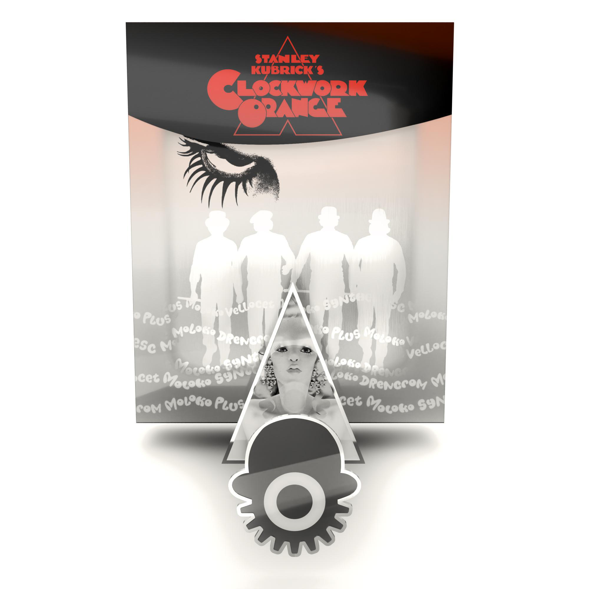 Ein Clockwork Orange-Produktdisplay mit dem Filmlogo und den Silhouetten der Charaktere.