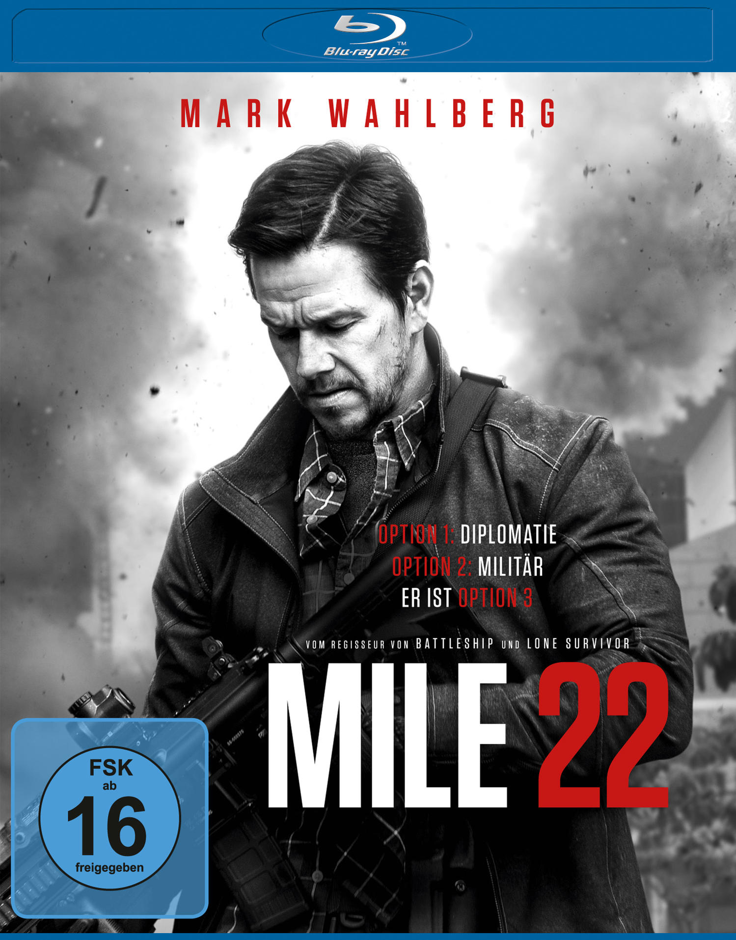 Blu-ray-Cover: Mile 22, Mark Wahlberg. Schwarz-Weiß-Bild mit Textoptionen: Diplomatie, Militär oder Option 3.