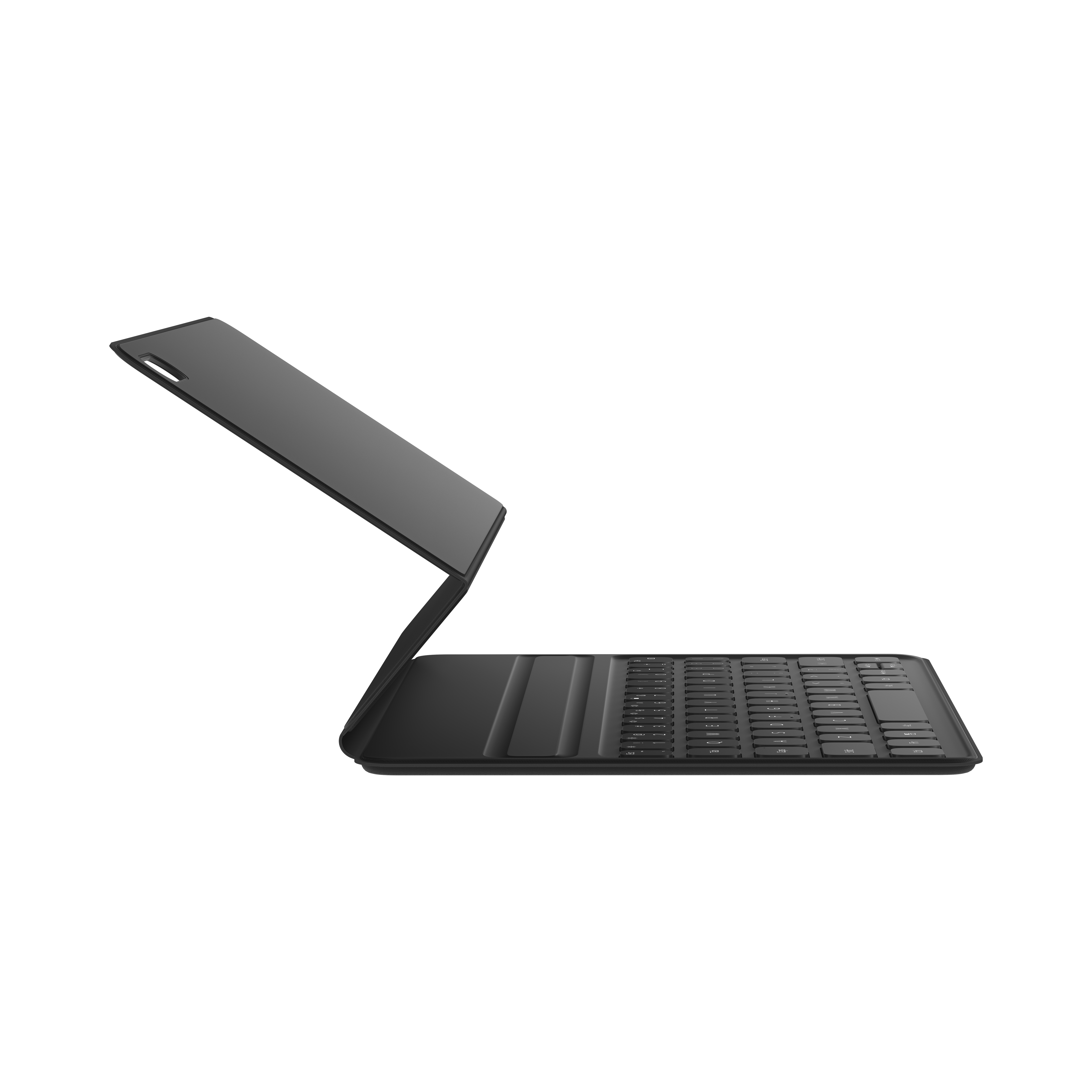 Schwarze Laptop-Tastatur geöffnet, mit zurückgeklapptem Bildschirm. Schwarzer Hintergrund.