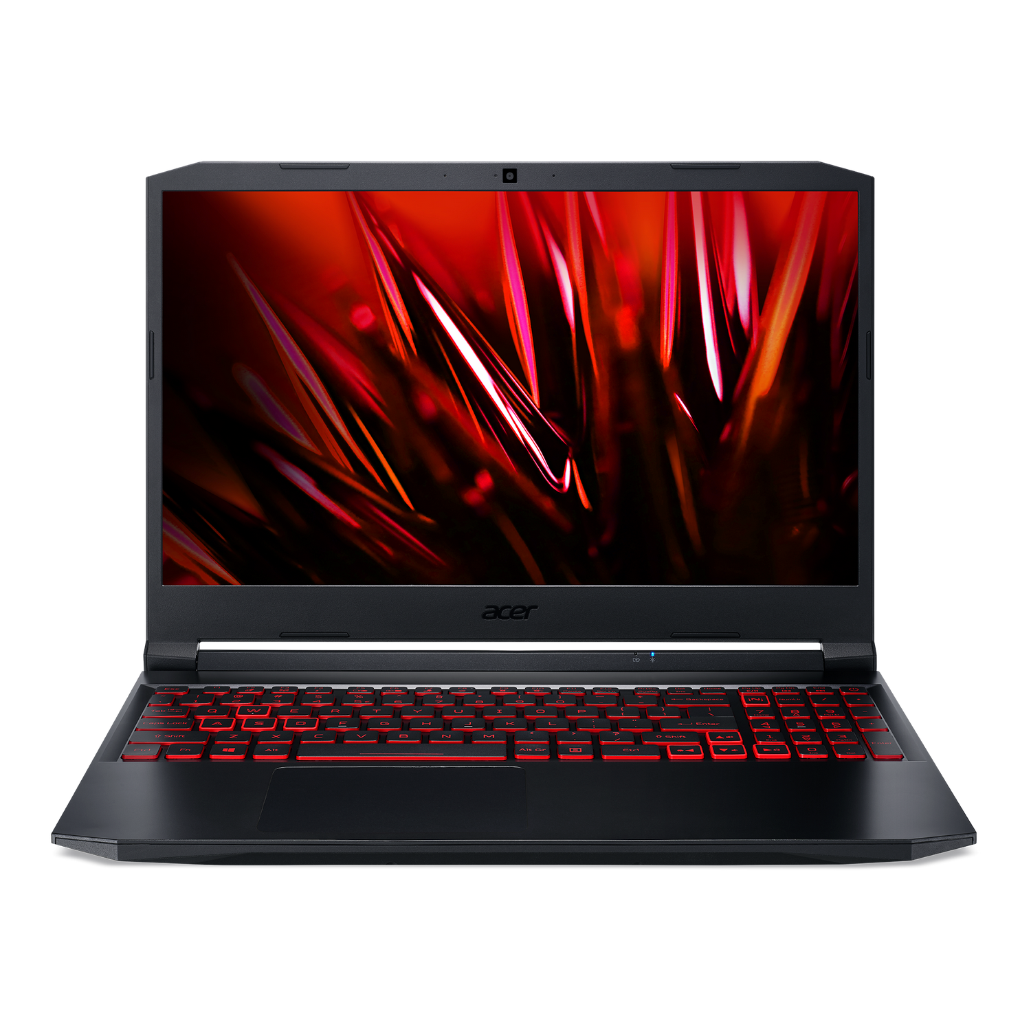 Portátil negro con teclado retroiluminado rojo y logotipo de Acer. Diseño rojo y negro. Fondo negro.