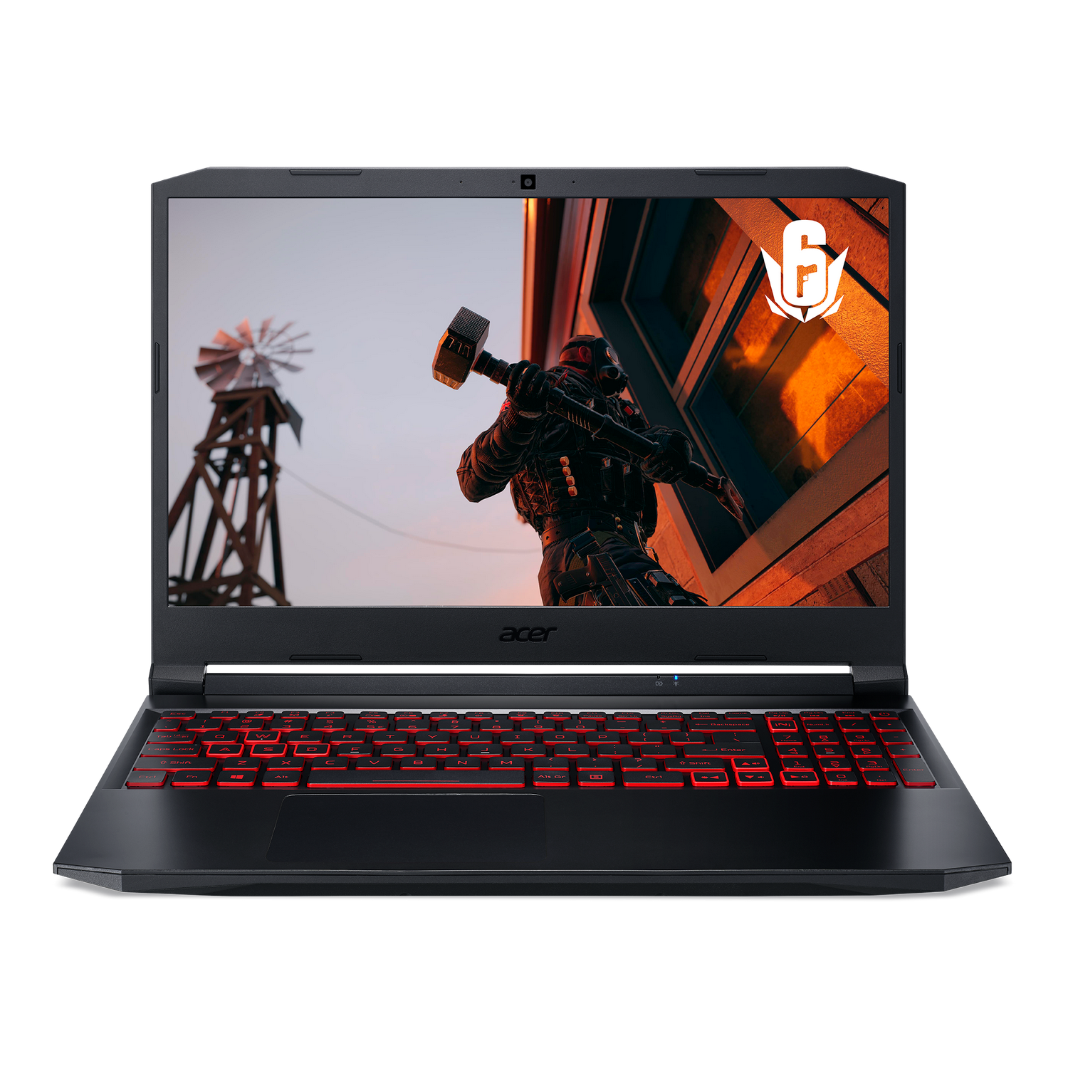 Ordenador portátil negro con teclado rojo y un juego mostrado en la pantalla.