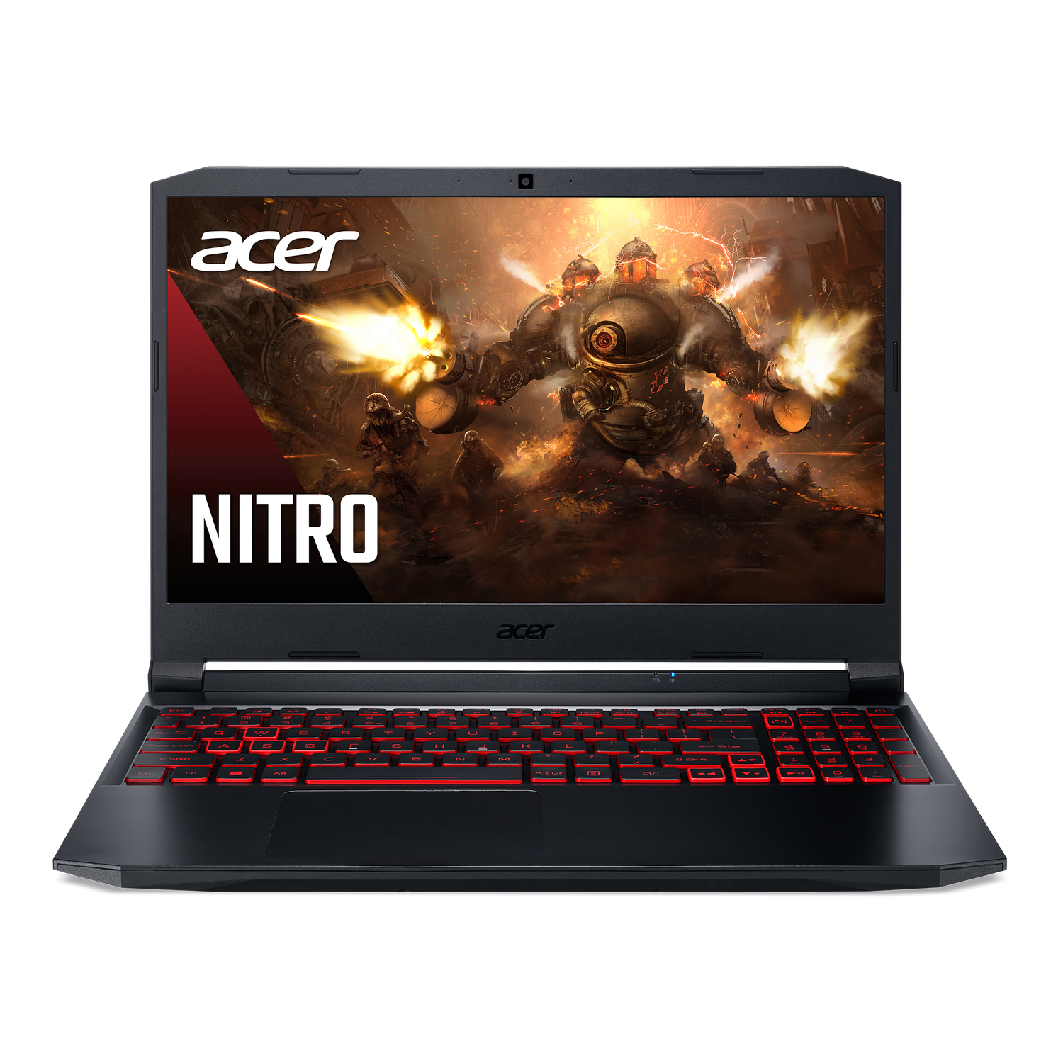 Portátil Acer Nitro negro con escena de juego en pantalla. Teclado rojo y marco negro.