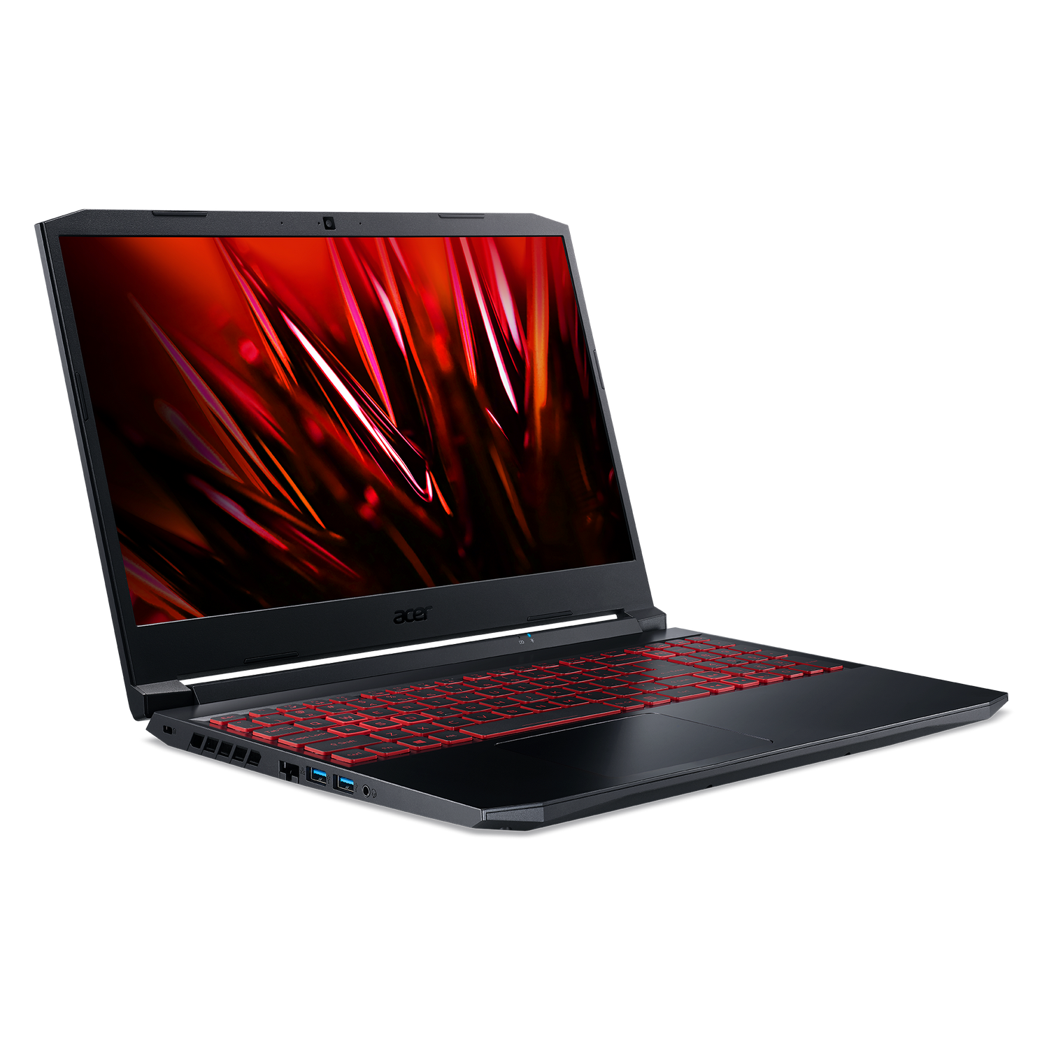 Portátil negro con teclado retroiluminado rojo y logotipo de Acer. Vista en ángulo. Diseño rojo y negro. Fondo negro.
