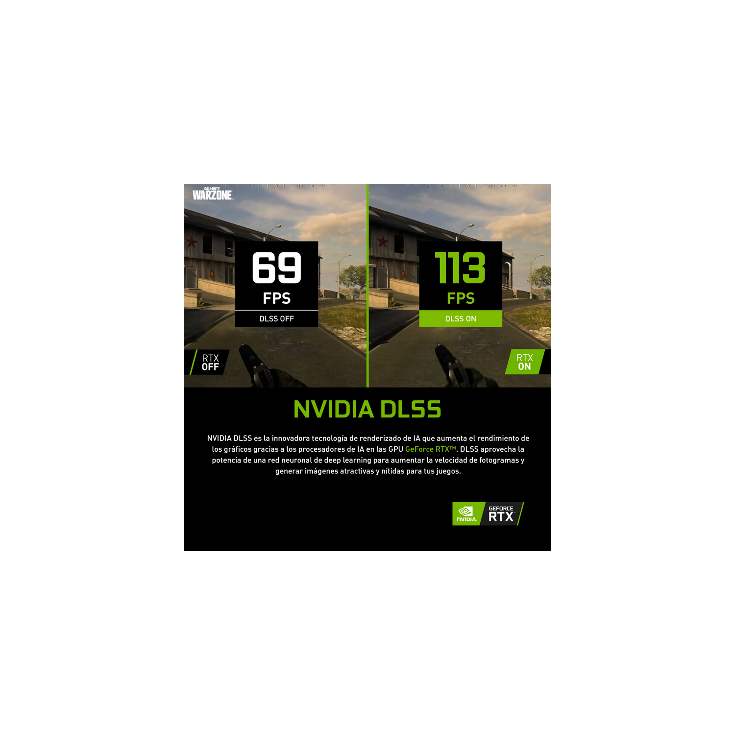 Comparación NVIDIA DLSS. Dos escenas de juego lado a lado. Izquierda muestra 69 FPS, DLSS desactivado. Derecha 113 FPS, DLSS activado.