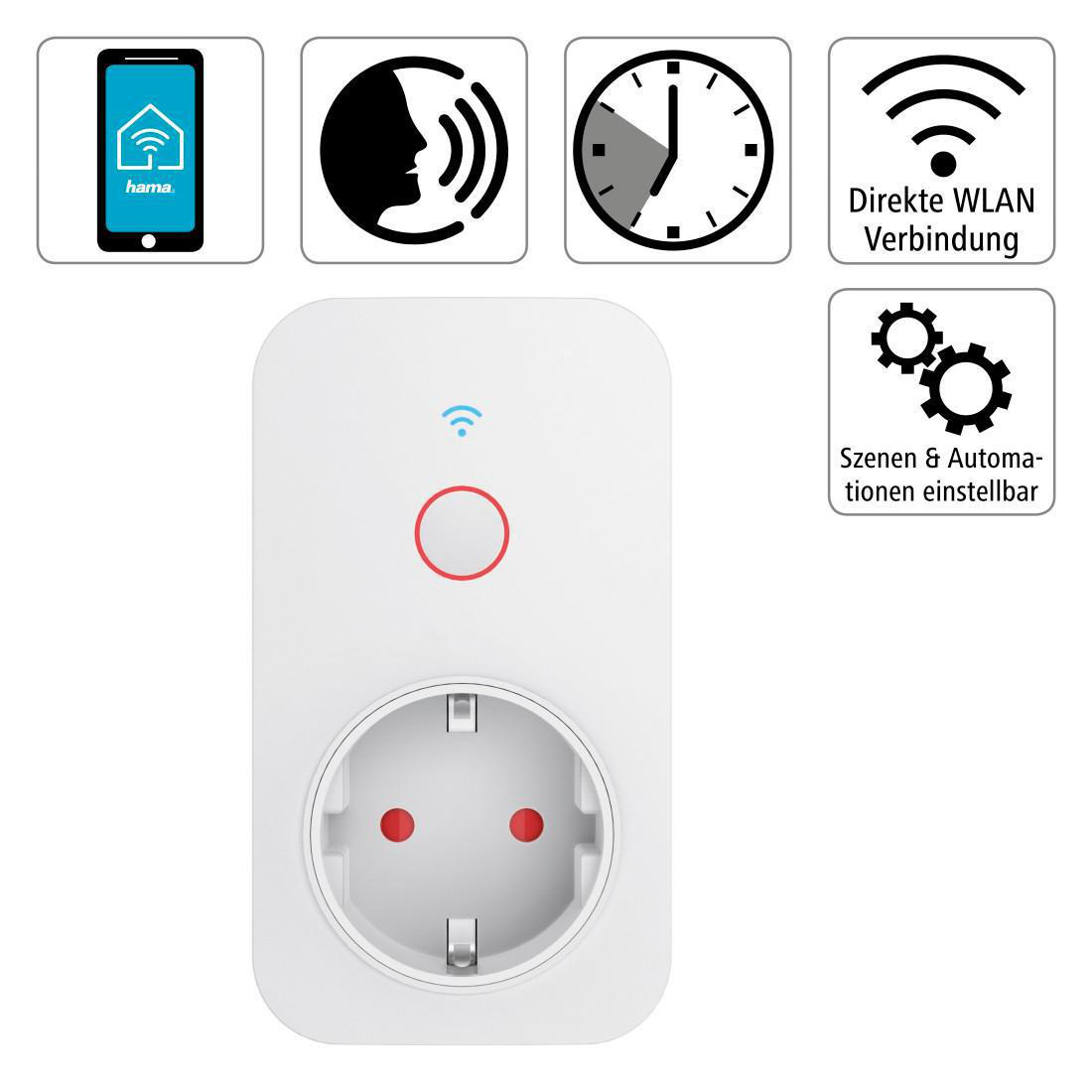 HAMA WLAN-Steckdose, für Sprach- und App-Steuerung, zum Nachrüsten, 3.680W, 16A