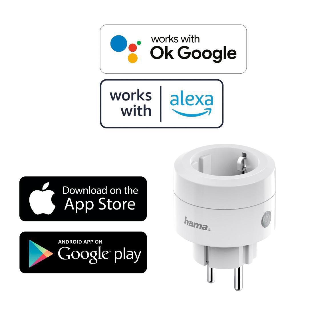 HAMA WLAN-Steckdose "Basic", ohne Hub, für Sprach- u. App-Steuerung, 2.300W, 10A