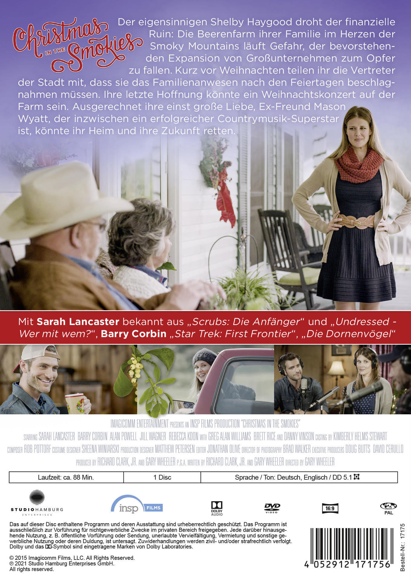 Rückseite einer DVD-Hülle für „Christmas in the Smokies“. Enthält Schauspieler, Text und Filmdetails.