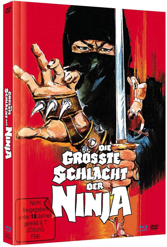 Film-DVD-Cover: Ein Ninja mit Schwert, roter Hintergrund. Titel: The Greatest Battle of the Ninja.