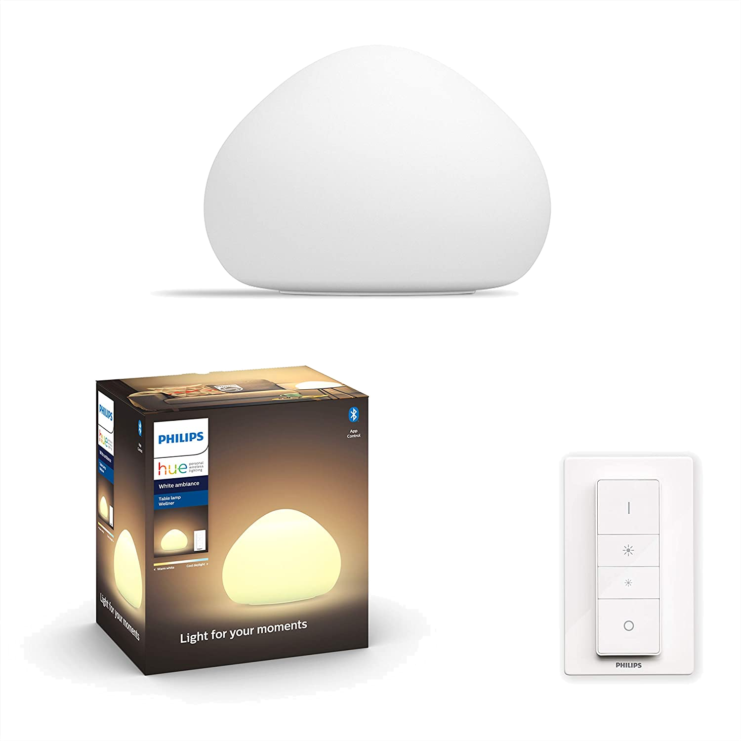 Lámpara - Philips Hue Wellner, LED con Bluetooth, Luz Blanca de Cálida a Fría, Portátil, Blanco