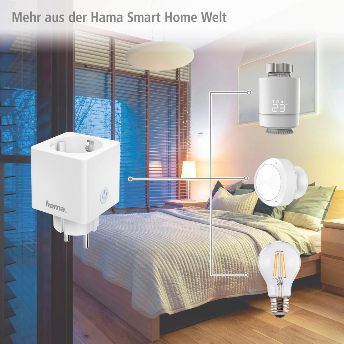 Eine Innenszene mit Smart-Home-Geräten: ein Stecker, eine intelligente Glühbirne, ein Thermostat und ein Bett.