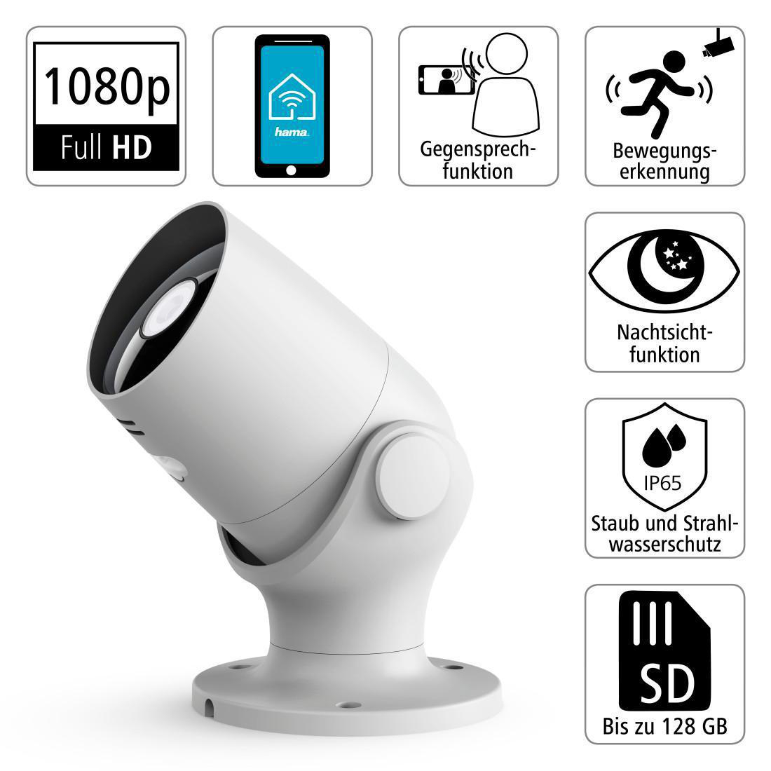 Hama WLAN Outdoor Kamera mit App oder Sprachsteuerung, Nachtsicht, Aufzeichnung, 1080p, Weiß