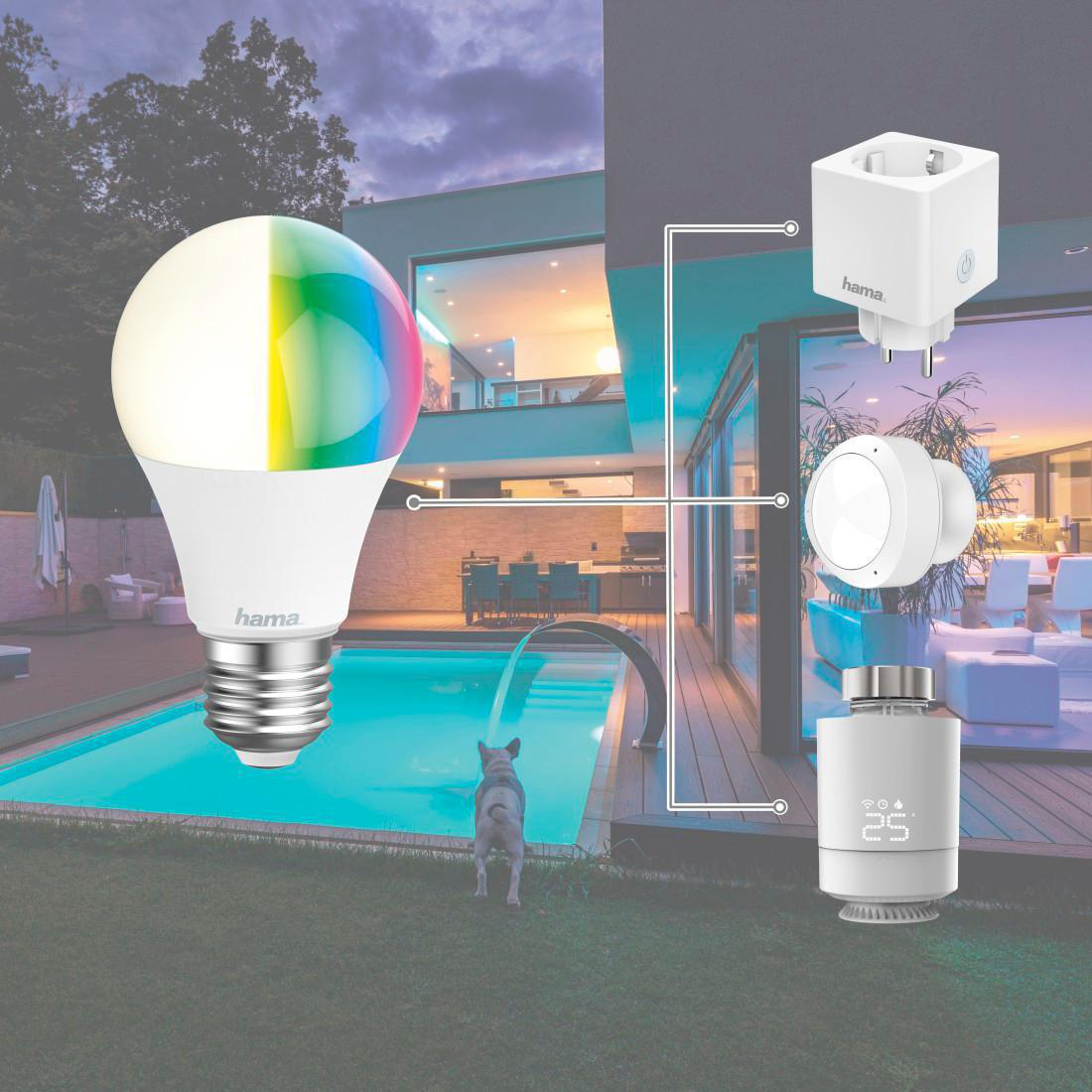 Smart-Home-Setup mit Glühbirne, Smart-Plug und Thermostat.