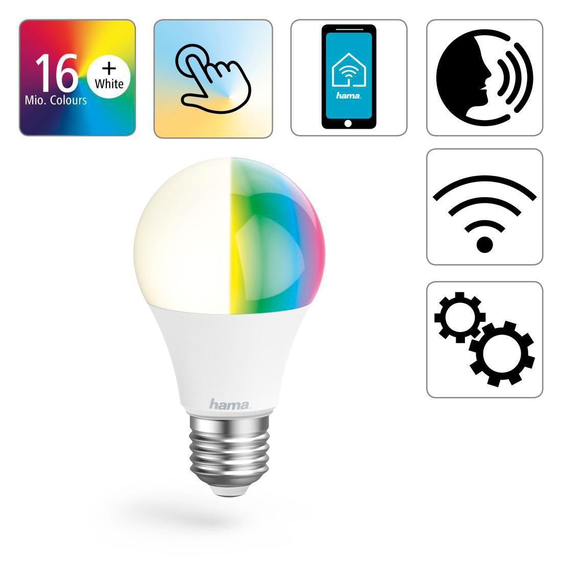 Eine intelligente Glühbirne mit weißem Körper und farbenfroher, geteilter Oberseite, mit Logos.