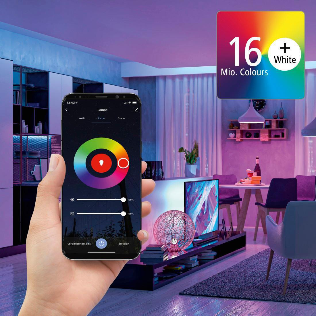 Hand hält Telefon mit Farbrad-App, die Smart-Home-Lichter steuert.