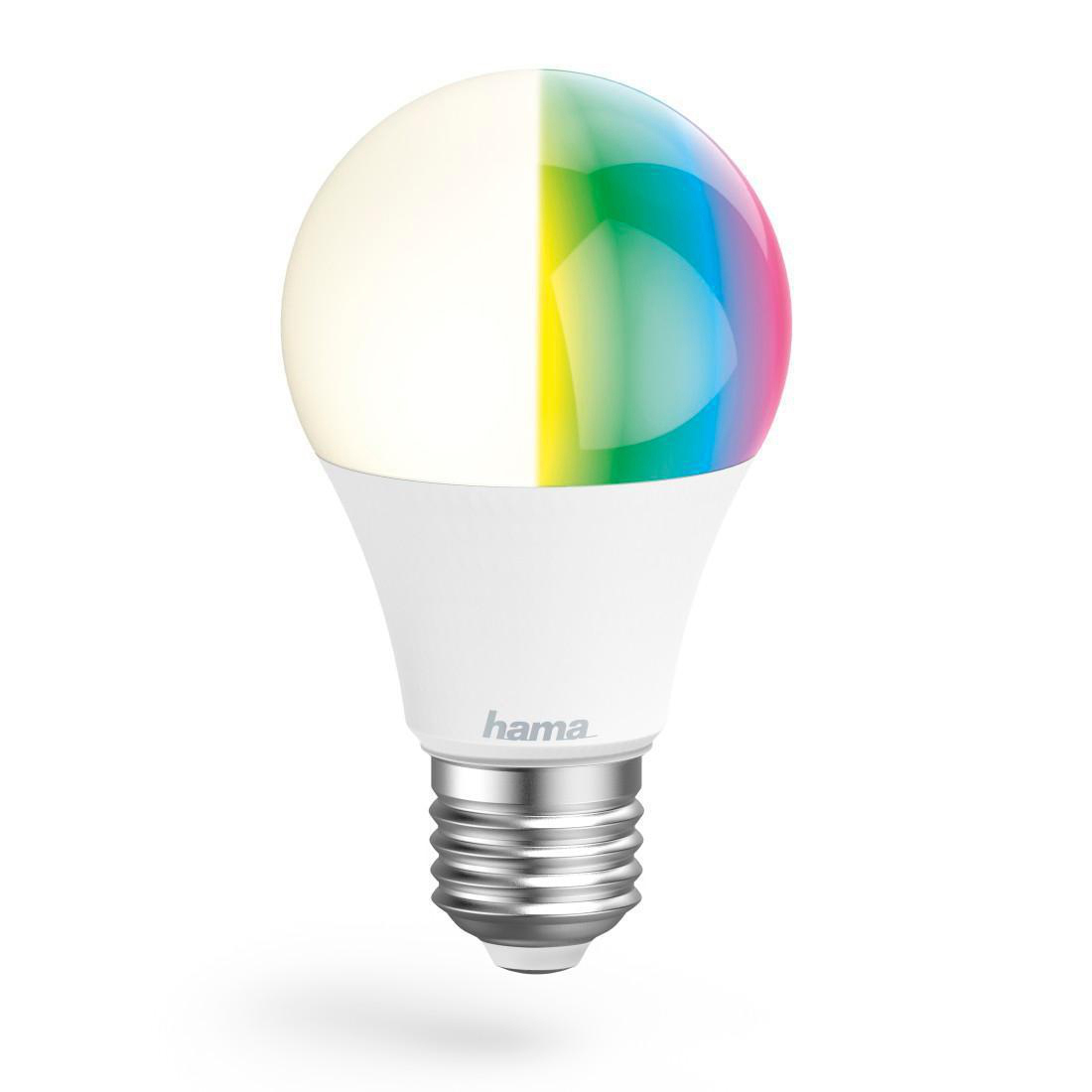 Eine weiße, farbwechselnde Smart-Glühbirne mit Hama-Logo, vor weißem Hintergrund.