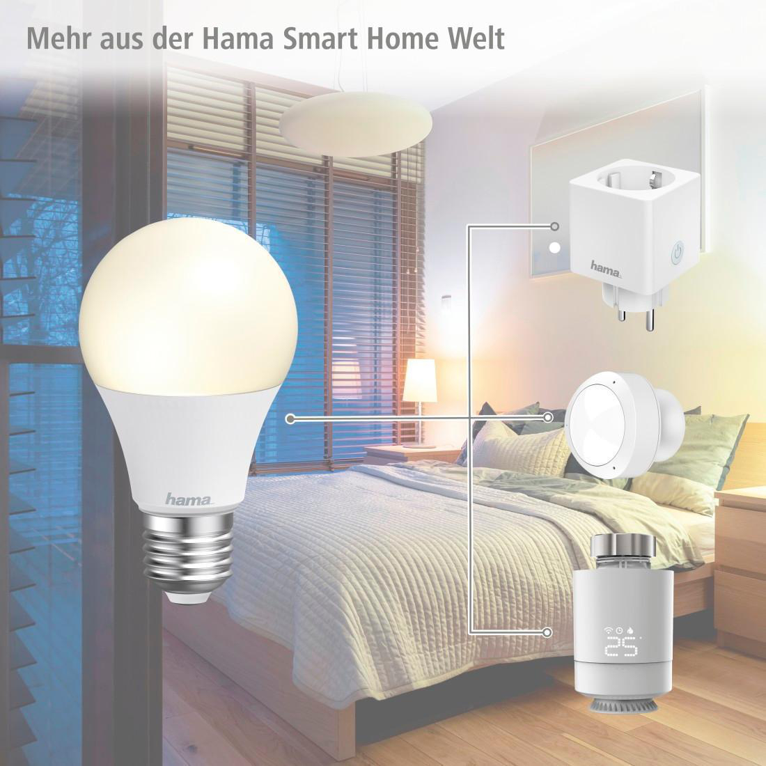 Smart-Home-Setup: Glühbirne, Smart-Stecker, Schalter und Thermostat. Bett und Fenster im Hintergrund.