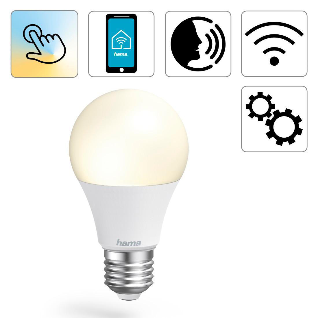 Hama Smart-Glühbirne mit Symbolen für Berührung, Telefon, Sprache, WLAN und Zahnräder.