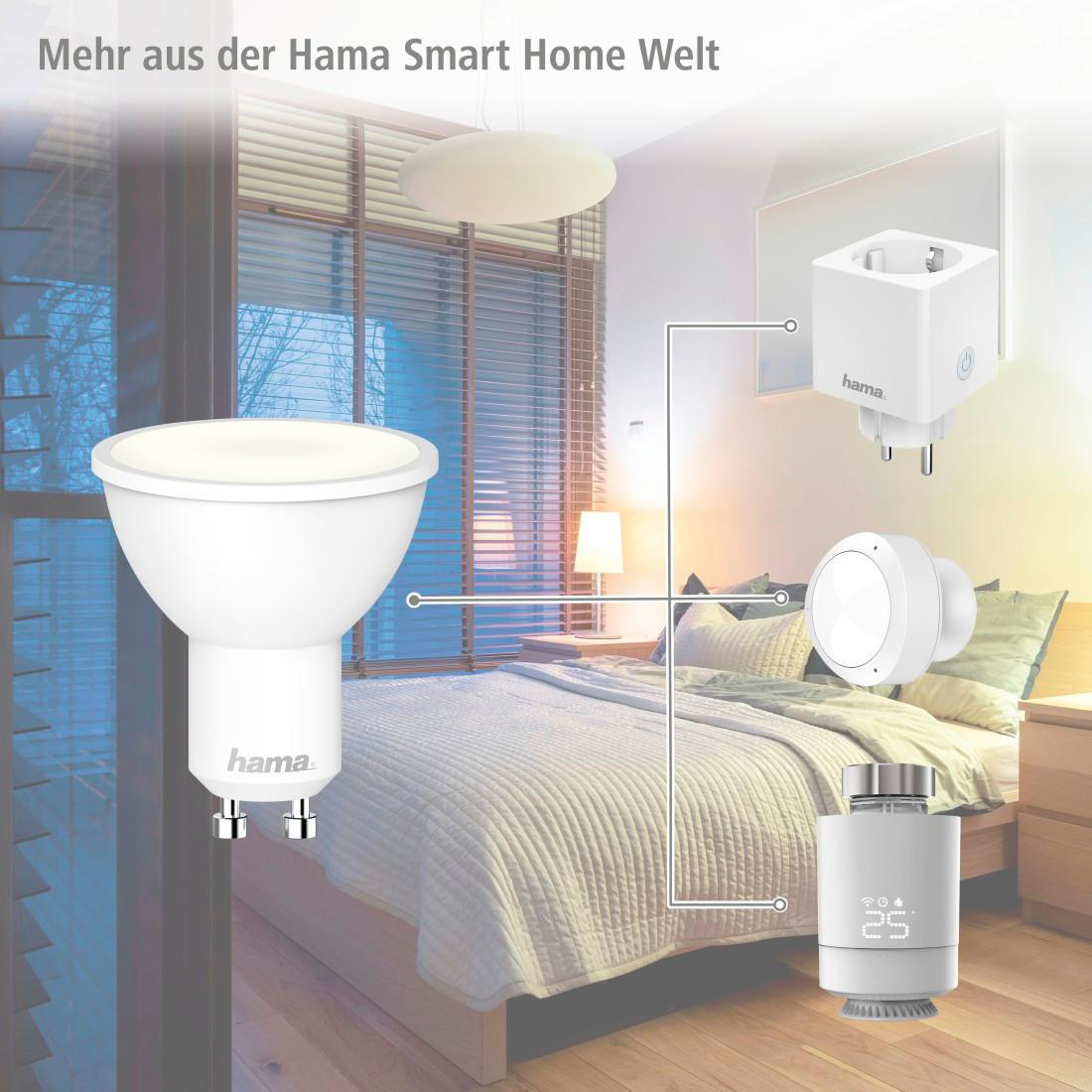 Eine Smart-Home-Anzeige mit mehreren Produkten: einer Glühbirne, einem Stecker und einem Thermostat.