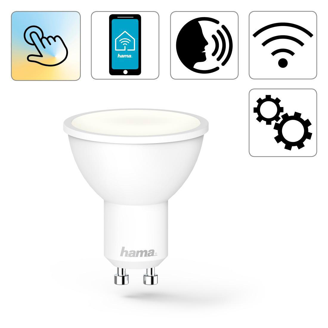 Weiße LED-Lampe mit Icons: Berührung, Telefon, Sprache, WLAN, Zahnräder, auf Weiß.