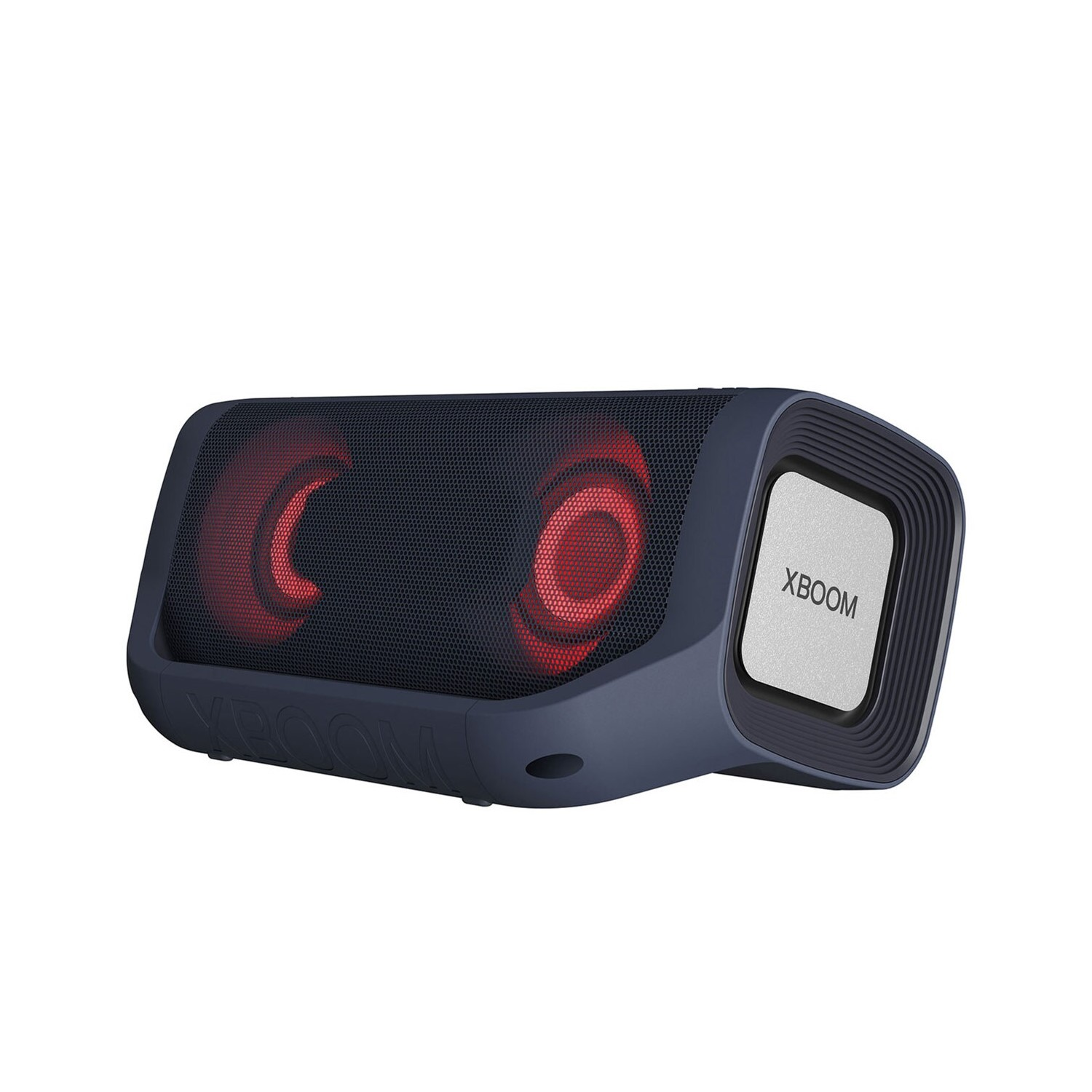 Altavoz azul y negro con luces rojas. Logotipo XBOOM en blanco. Fondo blanco.