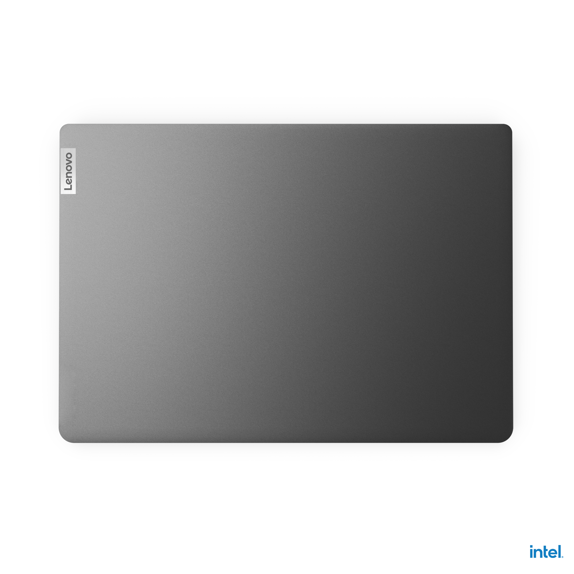 Grijze Lenovo laptop op zwarte achtergrond.