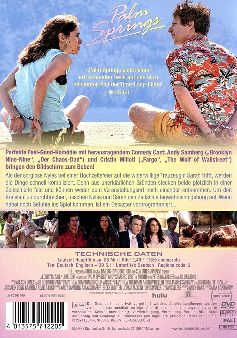 Filmplakat. Mann und Frau mit Handschellen stehen sich gegenüber. Titel: Palm Springs.