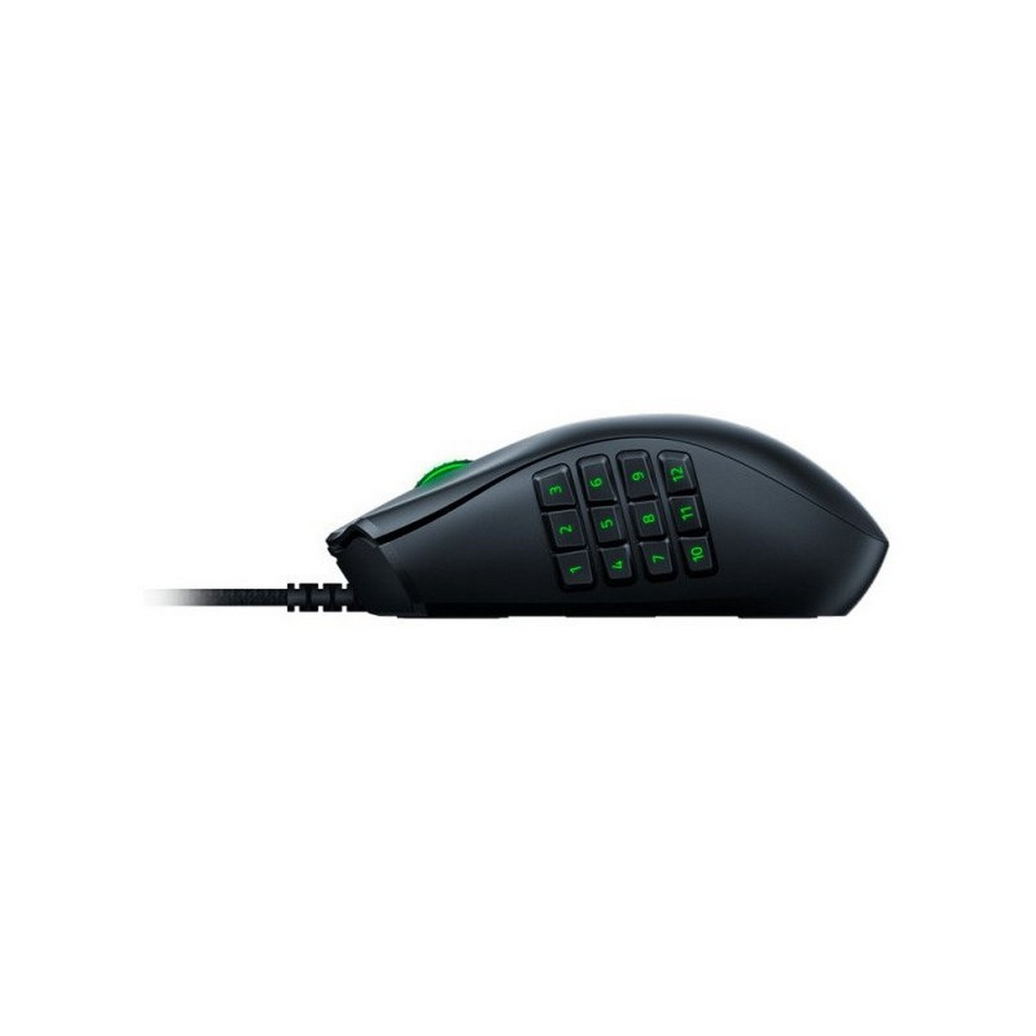 Ratón para juegos negro con 12 botones laterales y un cable.
