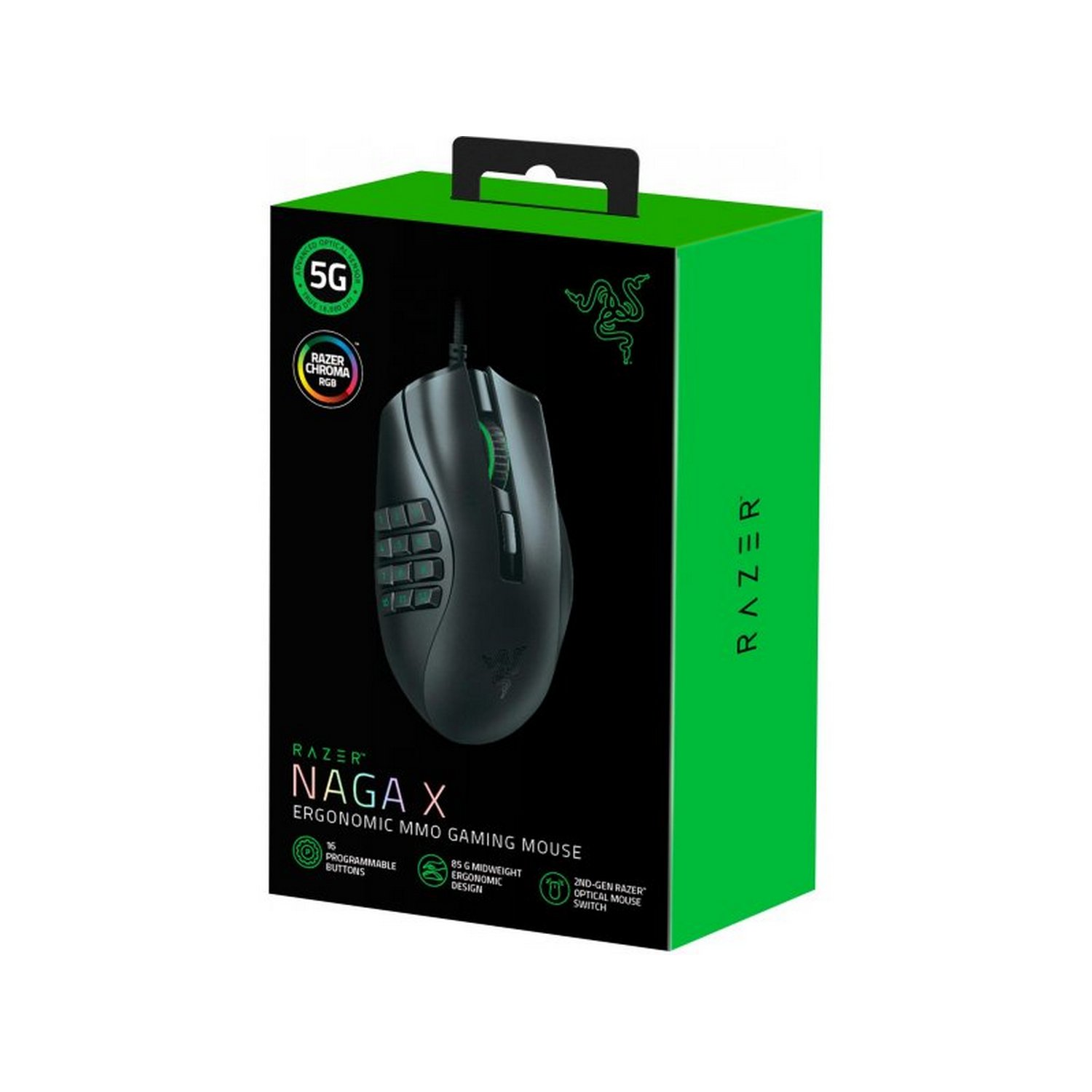 Ratón gaming Razer Naga X en caja negra y verde. El ratón es negro.