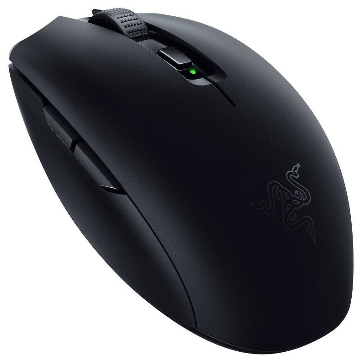 Ratón para juegos negro con rueda de desplazamiento y un logotipo.