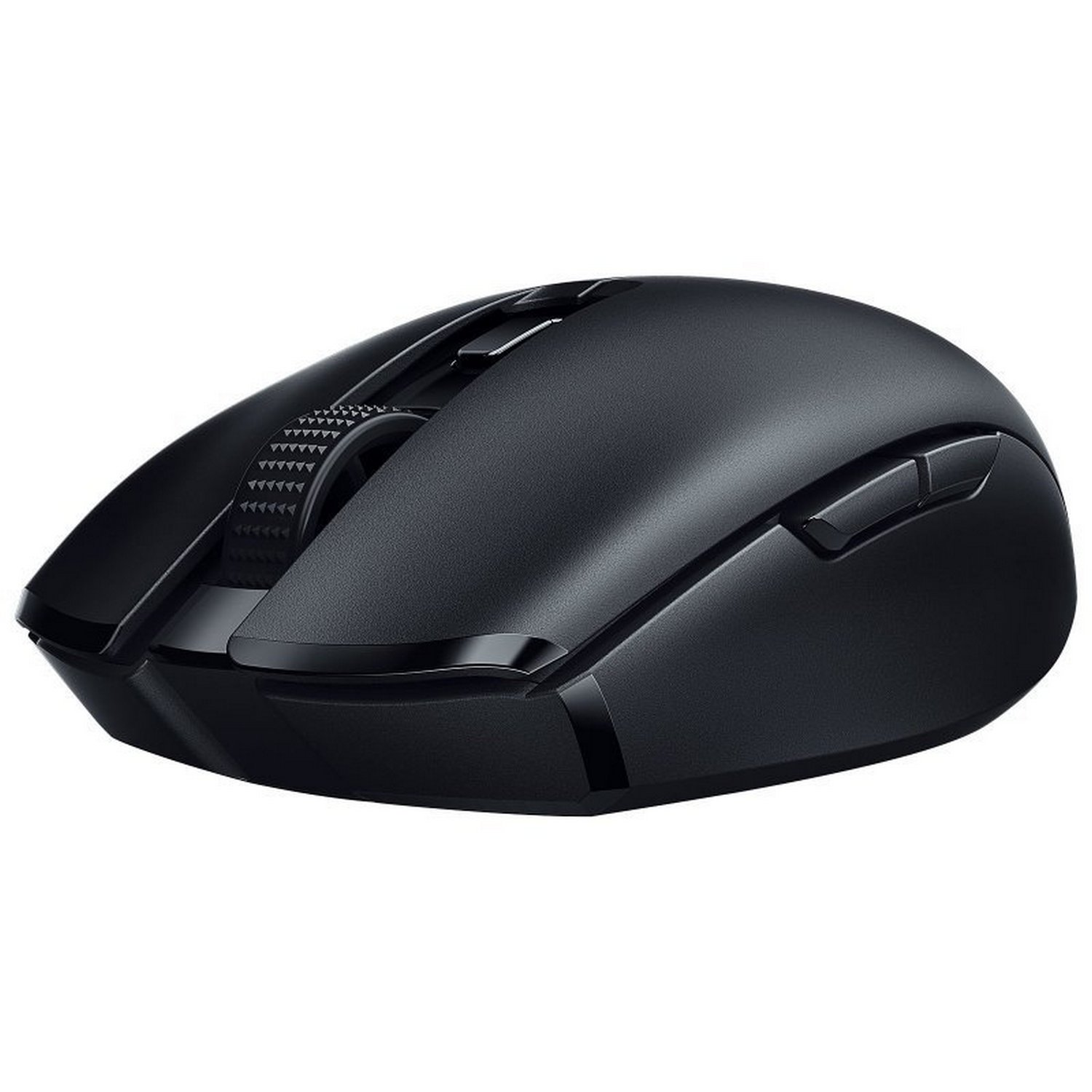 Ratón para juegos negro con botones y una rueda de desplazamiento.