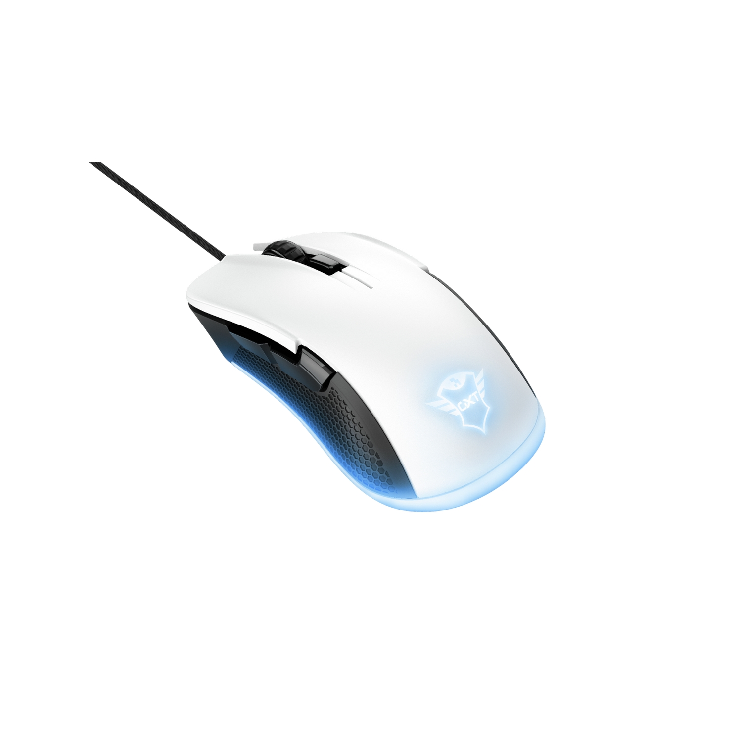 Ratón gaming blanco con detalles negros y un logotipo azul brillante.