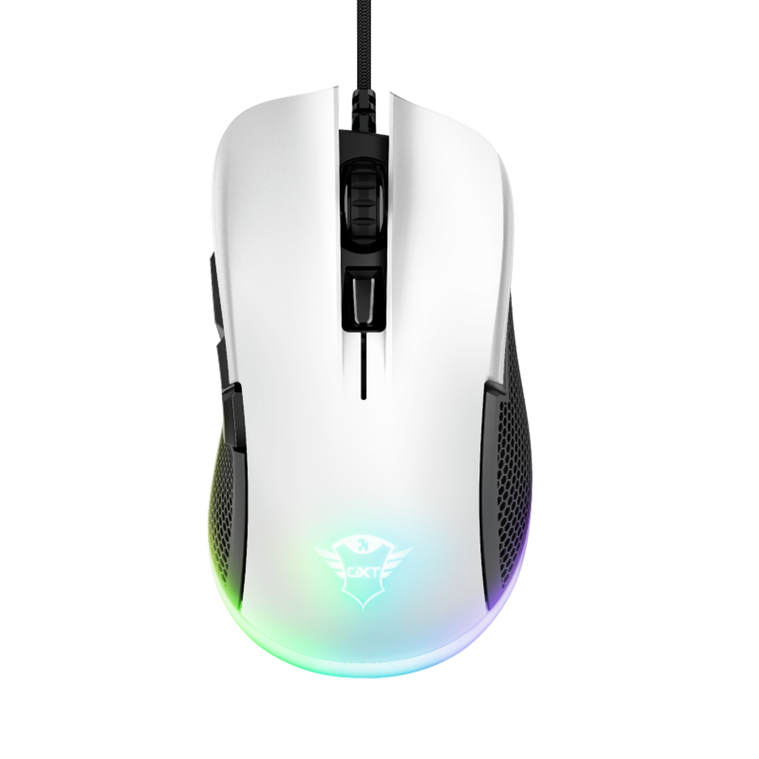 Un ratón para juegos blanco con luces coloridas en la parte inferior. Tiene un diseño elegante.