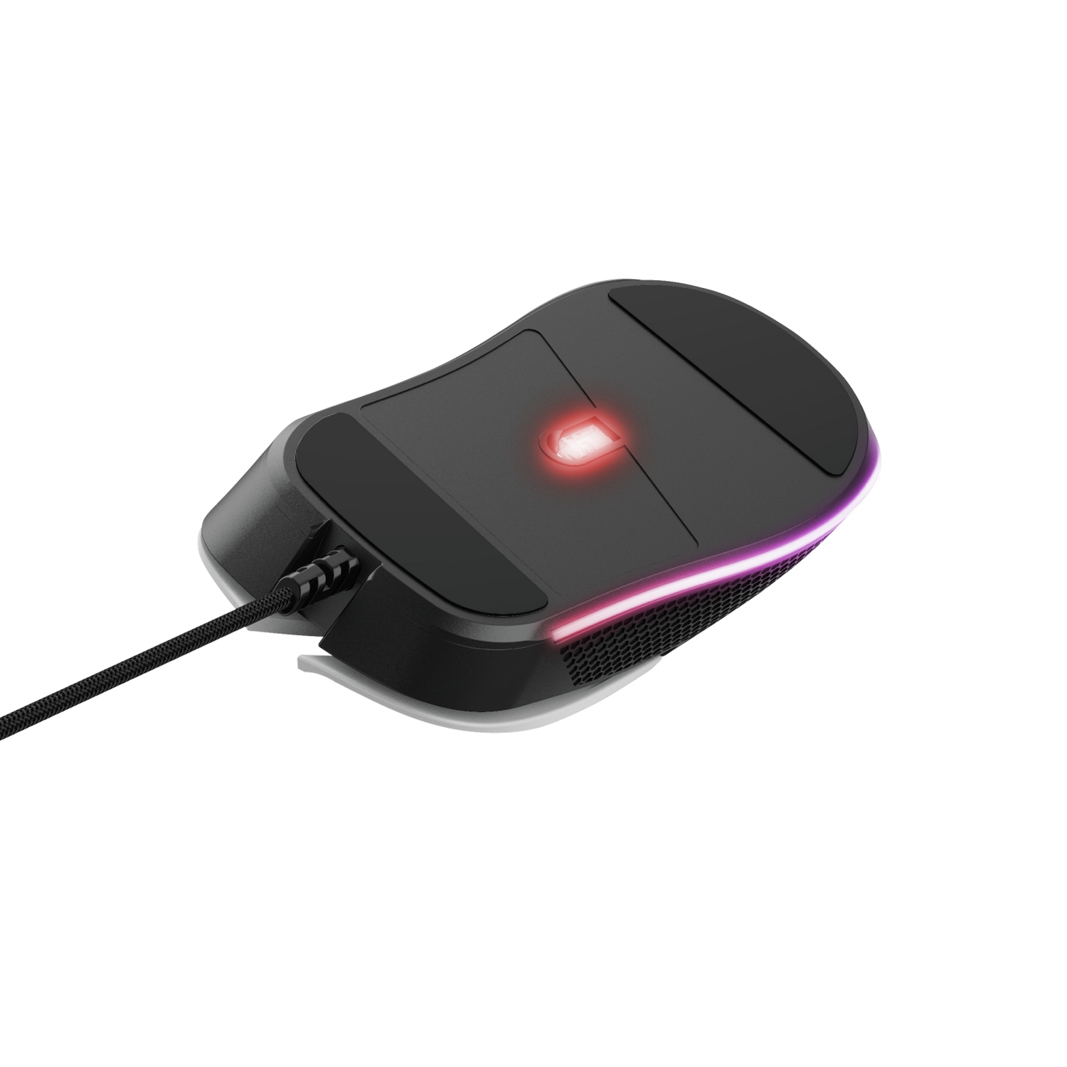 Ratón de computadora negro desde abajo, con luz roja en el centro y luces de colores en los lados.