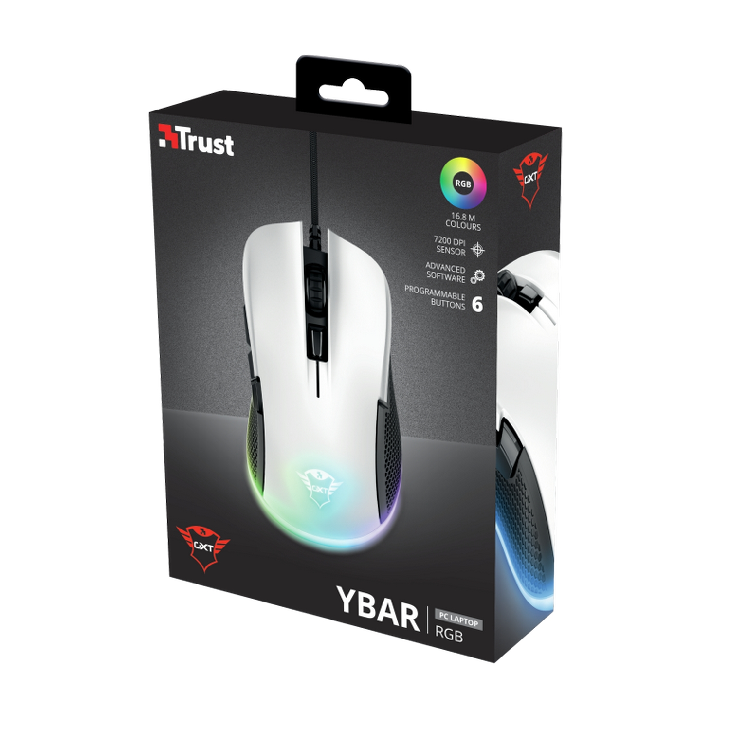 Un ratón gaming blanco con luces RGB en una caja negra y blanca.