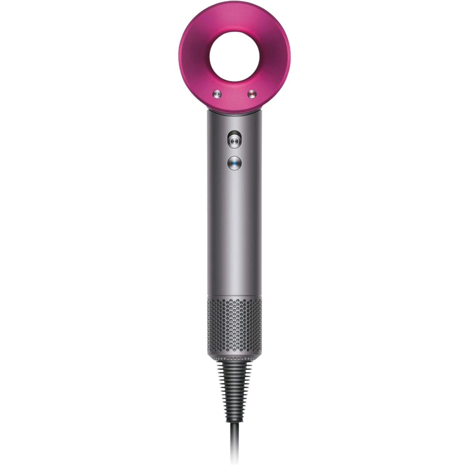 Secador de pelo Dyson rosa y plateado. Fondo negro. Diseño moderno.