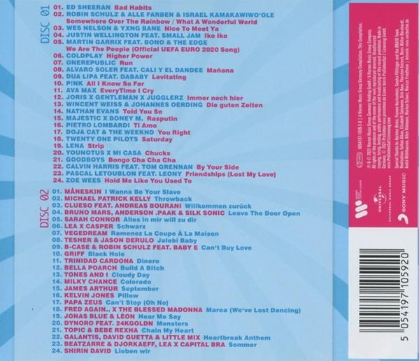 Rückseite eines CD-Covers mit Titellisten in Blau und Pink. Universal Music Logo.
