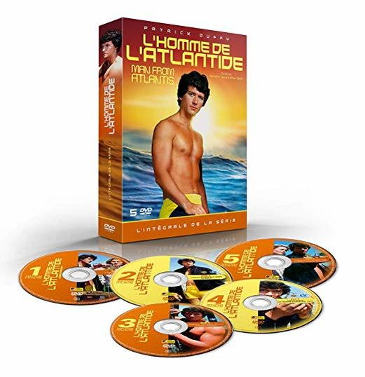Coffret DVD de 'L'Homme de l'Atlantide' avec Patrick Duffy. Cinq DVD sont affichés à côté du coffret.