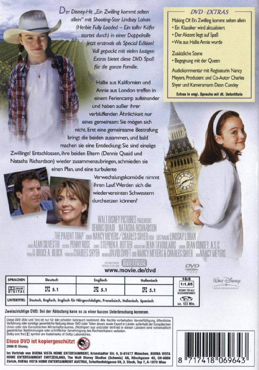 The Parent Trap DVD-Cover mit zwei Mädchen, London und Big Ben-Illustration.