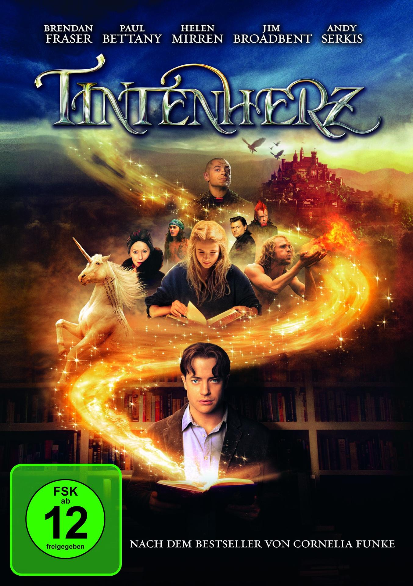 Tintenherz DVD-Cover. Fantasieszene mit Charakteren und Magie. Schauspielernamen oben.